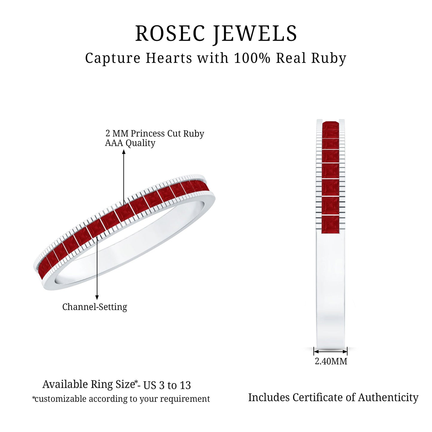Natural Princess Cut Ruby Half Eternity Ring in Channel Set