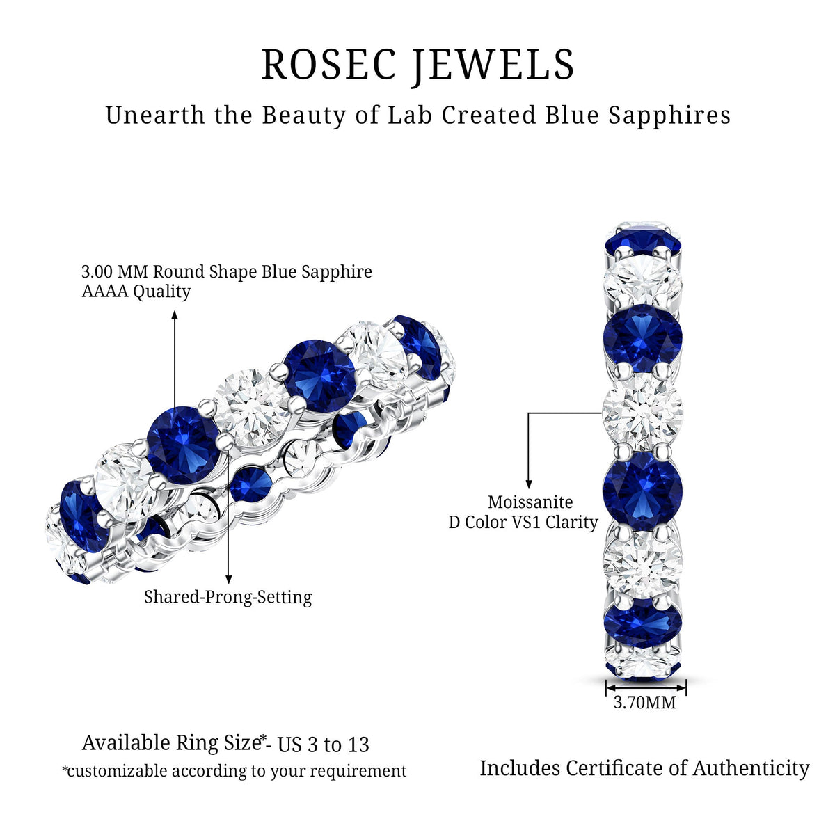 Certified Round Lab Grown Blue Sapphire Eternity Band Ring with Moissanite