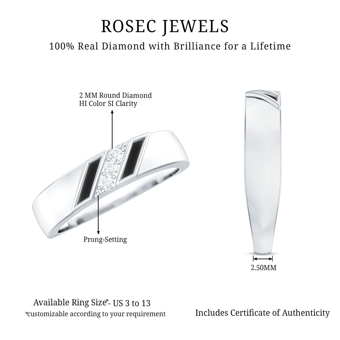 Natural Mens Diamond Wedding Band with Black Enamel