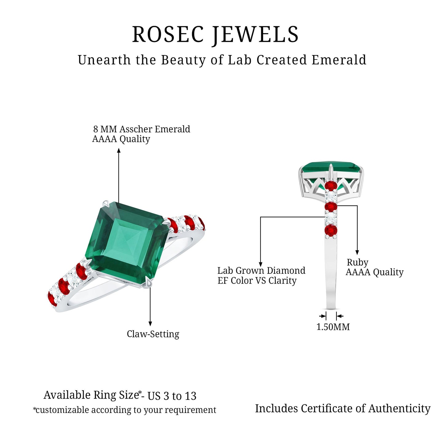 6 Carat Lab Created Emerald Engagement Ring with Lab Ruby and Diamond