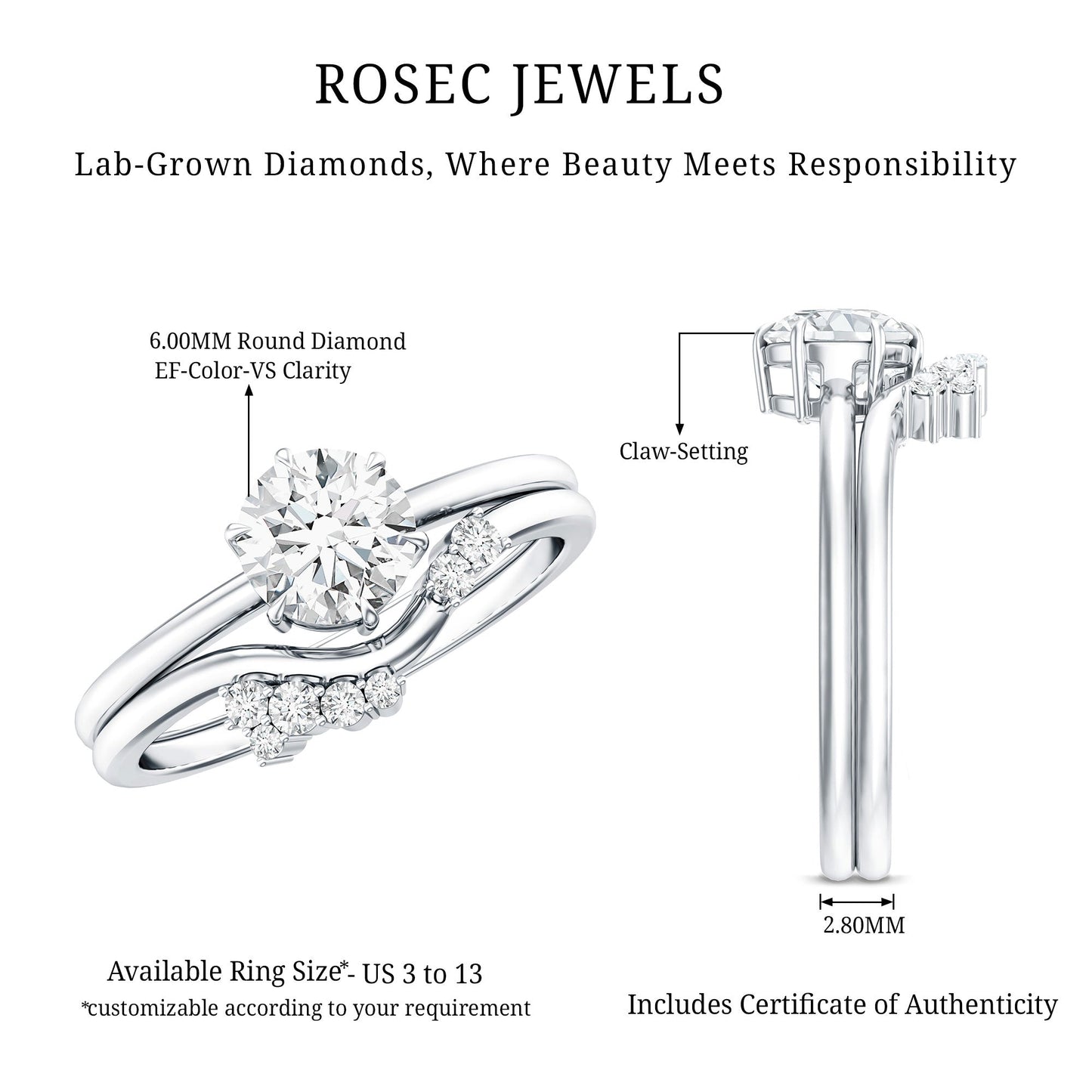 Certified 6 MM Lab Grown Diamond Designer Bridal Ring Set