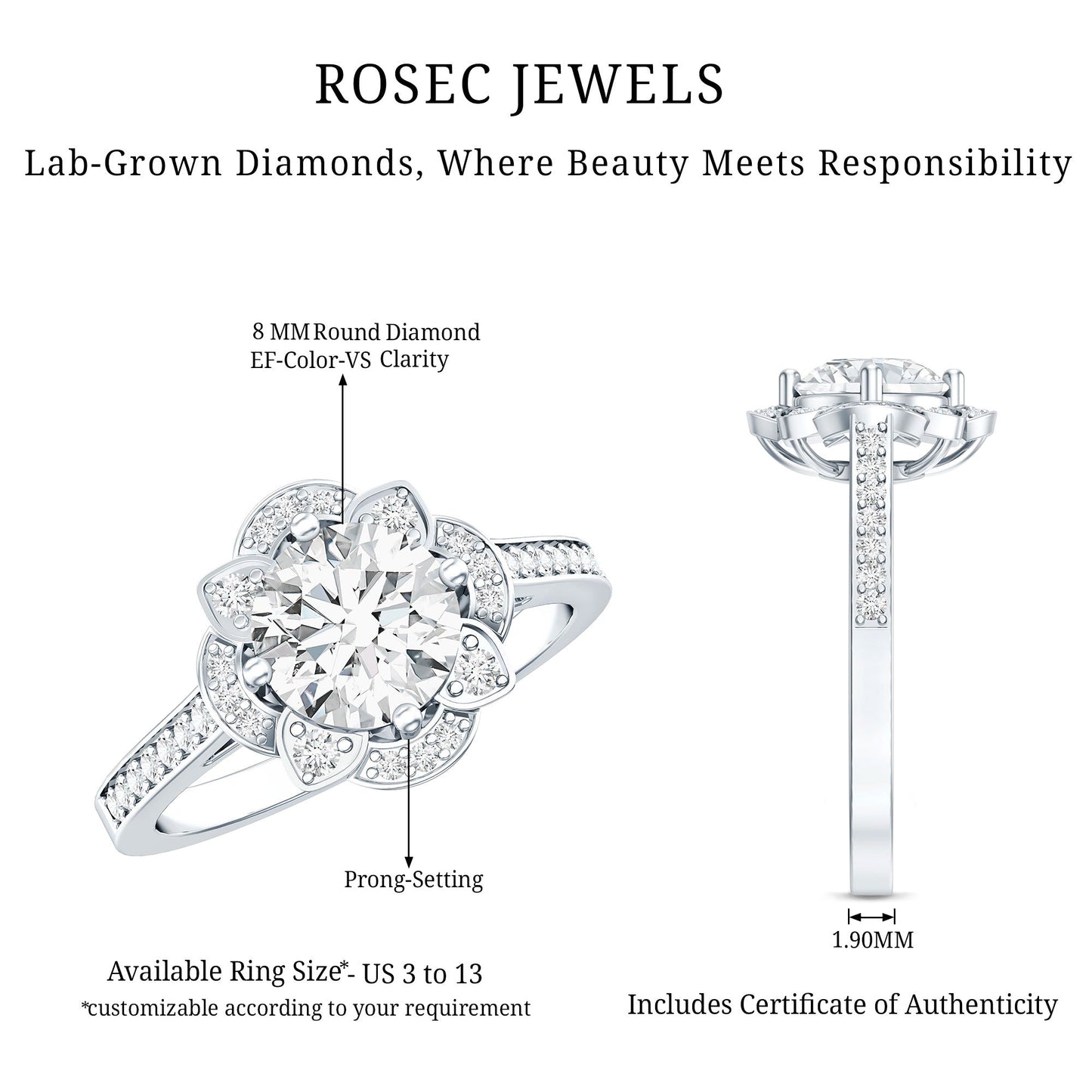 2 Carat Lab Grown Diamond Vintage Engagement Ring With Diamond Studded Shank