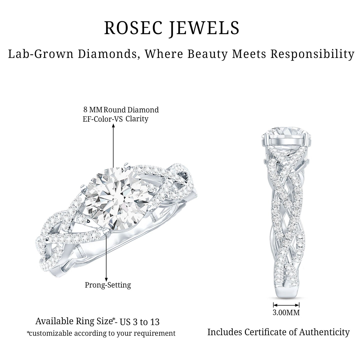 Lab Grown Diamond 2 Carat Round Engagement Ring With Infinity Twist
