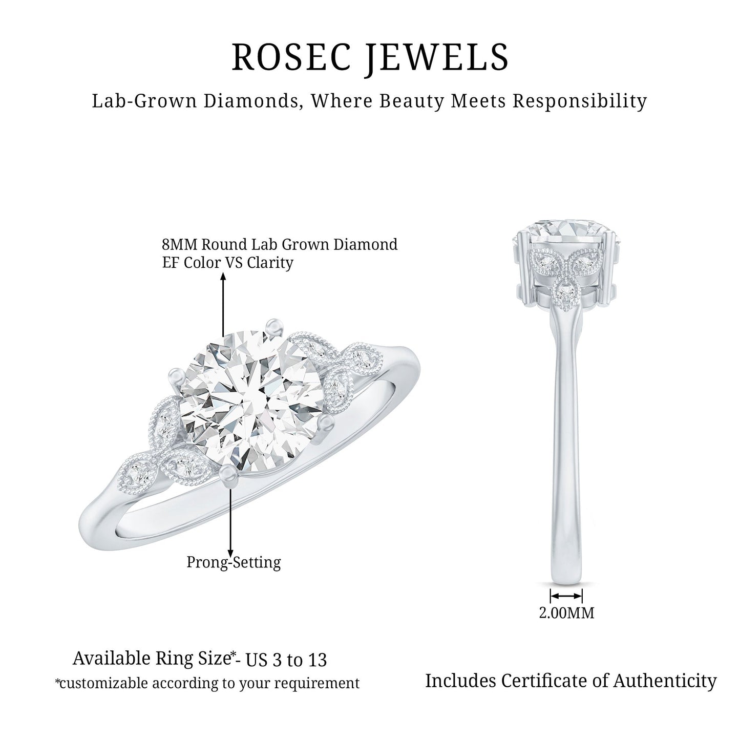 2 Carat Round Lab Grown Diamond Unique Engagement Ring
