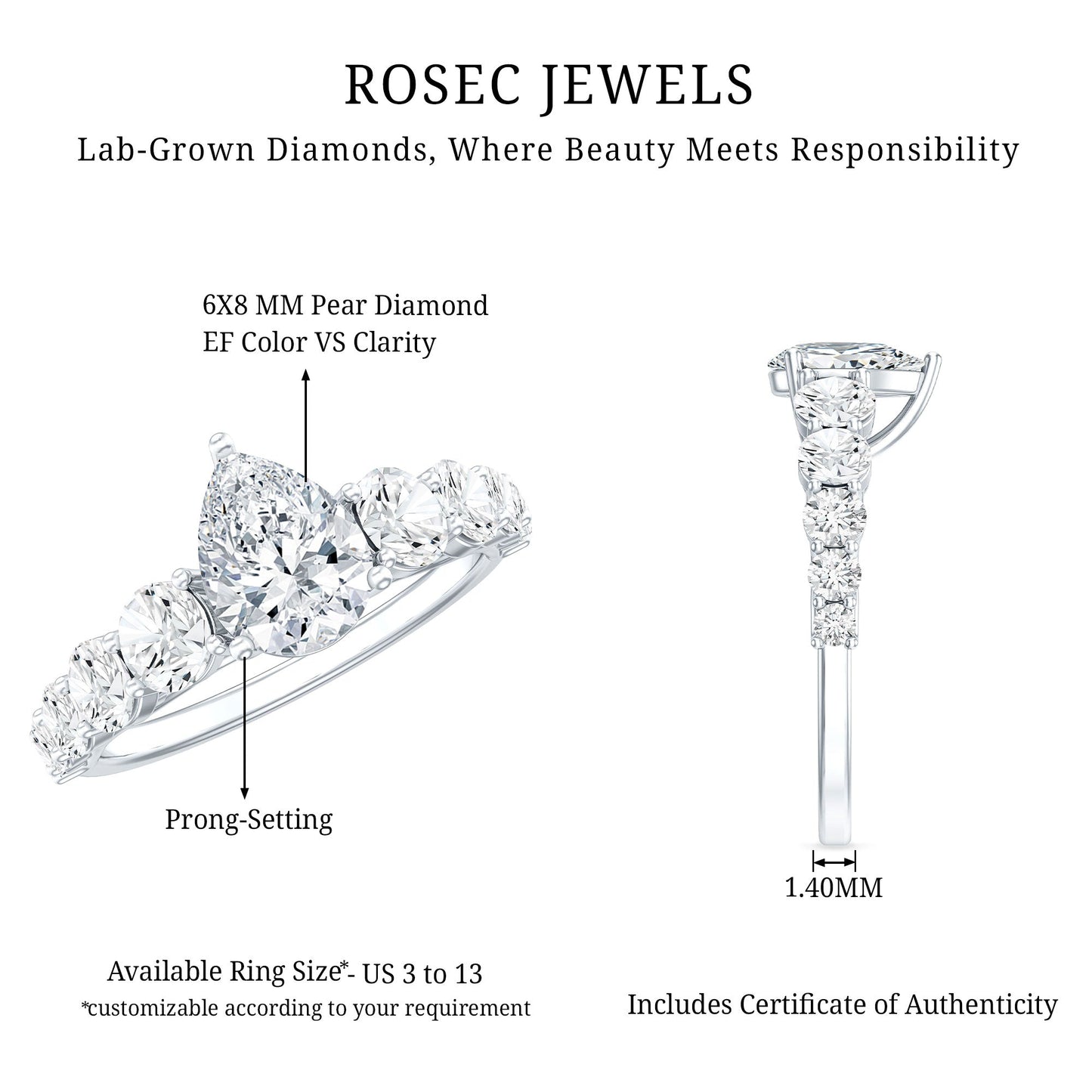 Certified Diamond Teardrop Engagement Ring with Sides Stones
