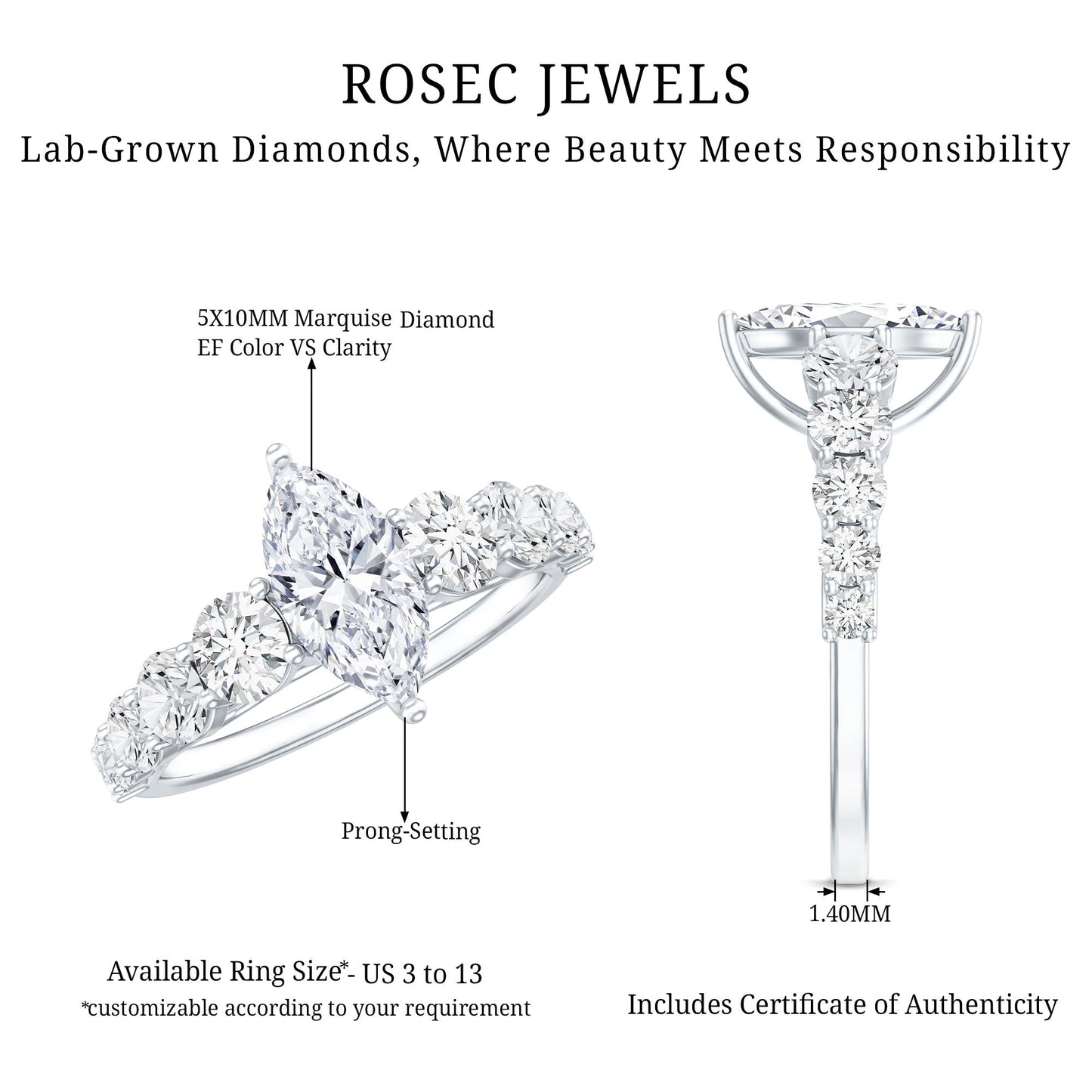 Lab Created Diamond Marquise Engagement Ring With Side Stones