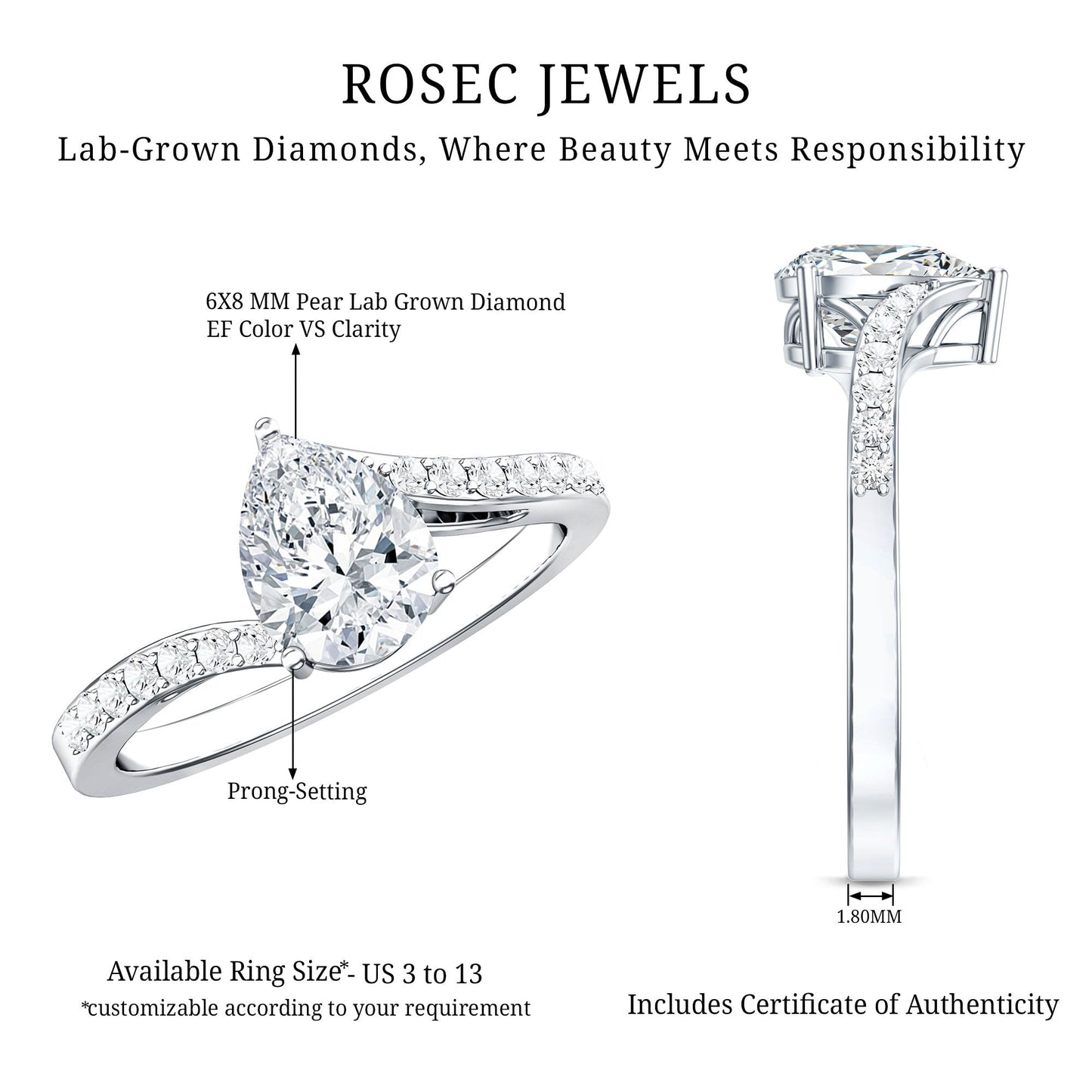 Certified 1.3 Carat Pear Cut Lab Created Diamond Teardrop Engagement Ring