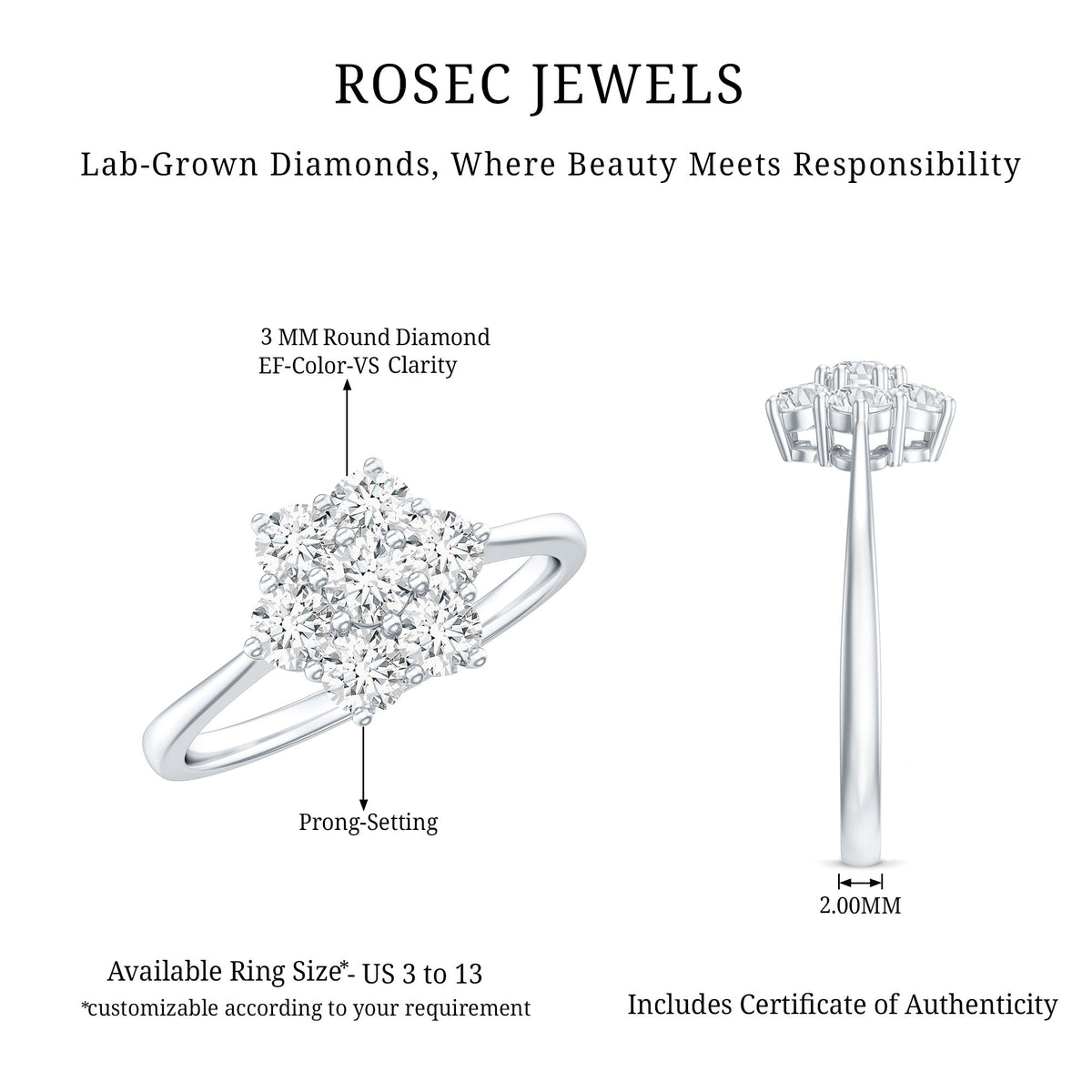 Round Lab Grown Diamond Floral Cluster Engagement Ring