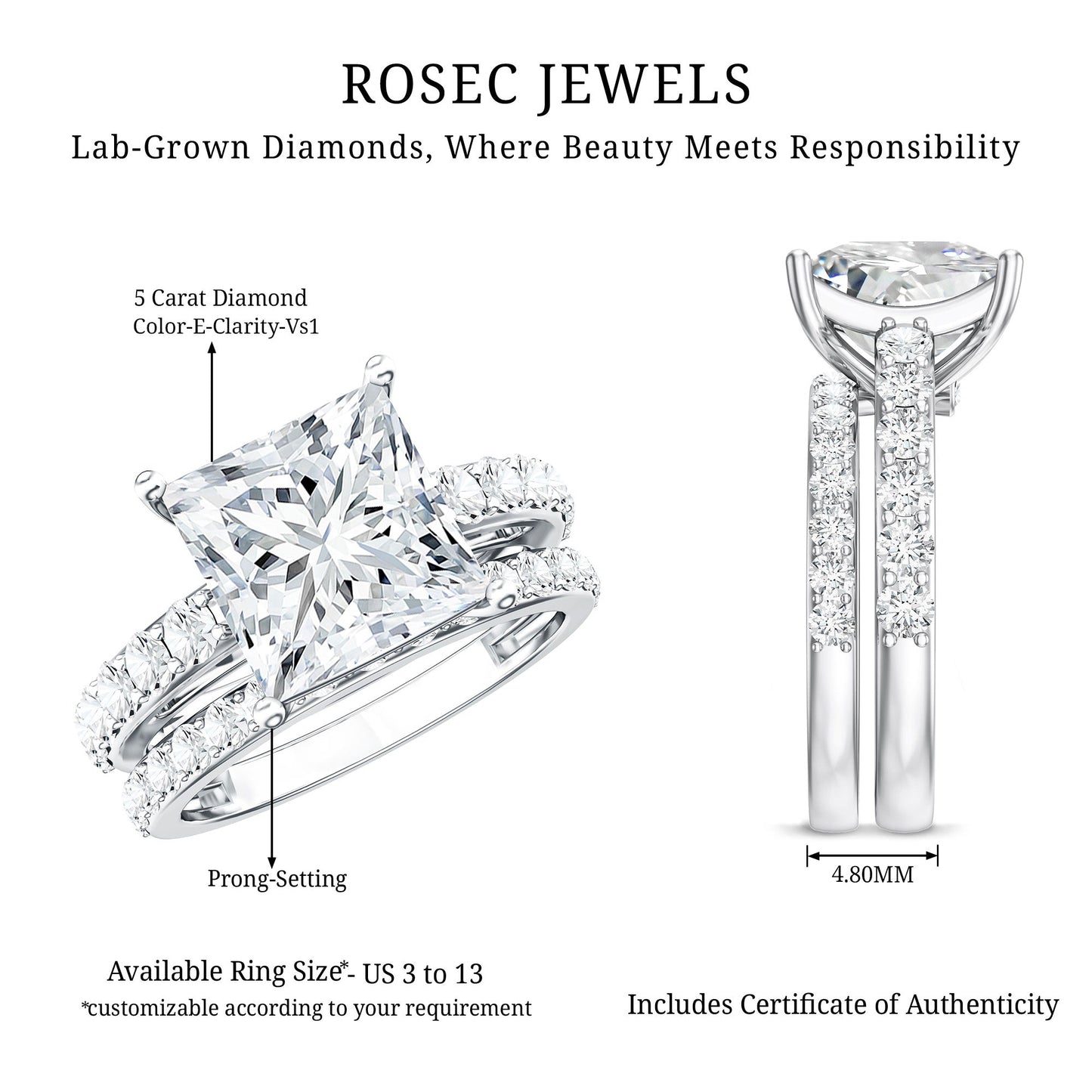 5 Carat IGI Certified Princess Cut Lab Diamond Engagement Ring with Band