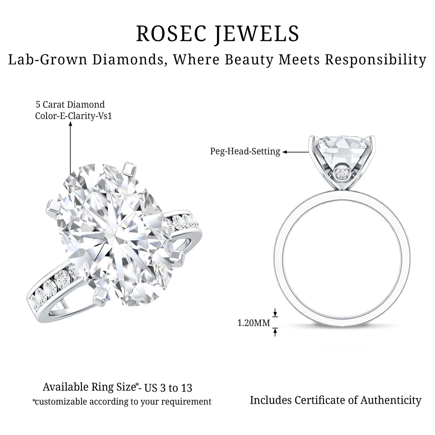 Oval Cut 5 Carat Lab Grown Diamond Big Engagement Ring with IGI Certificate