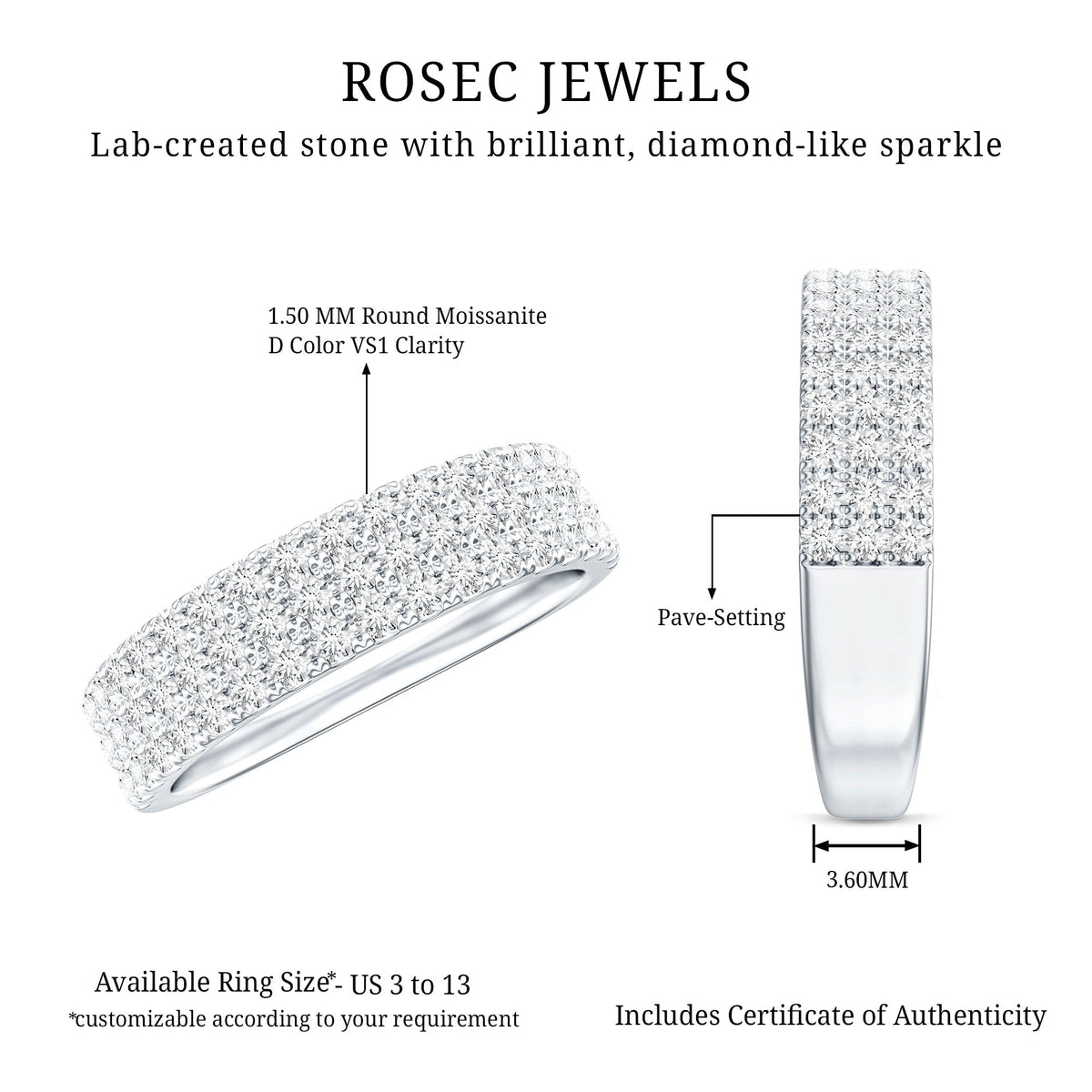 Three Row Moissanite Half Eternity Band Ring