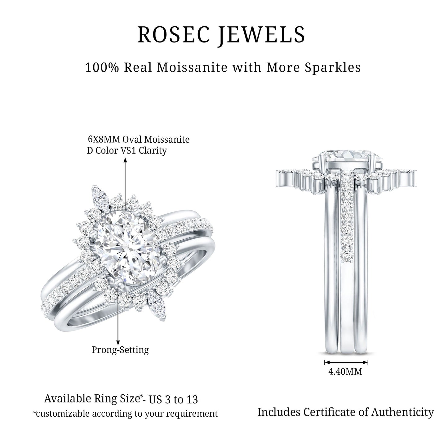 Certified Moissanite Oval Engagement Ring Set With Wedding Bands