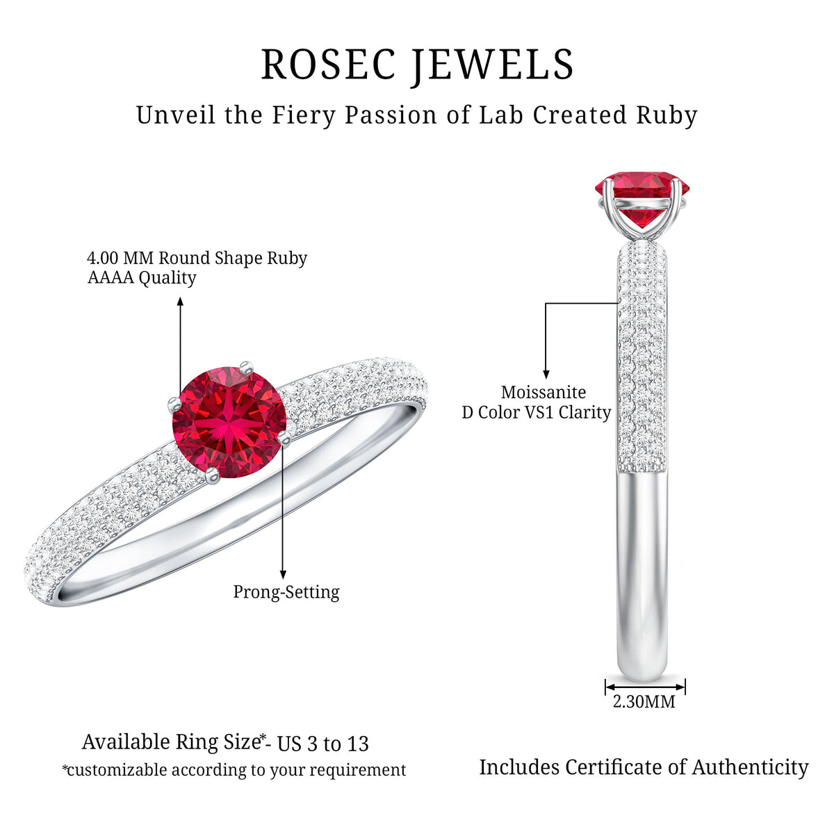 Lab Created Ruby Solitaire Ring with Moissanite Side Stones
