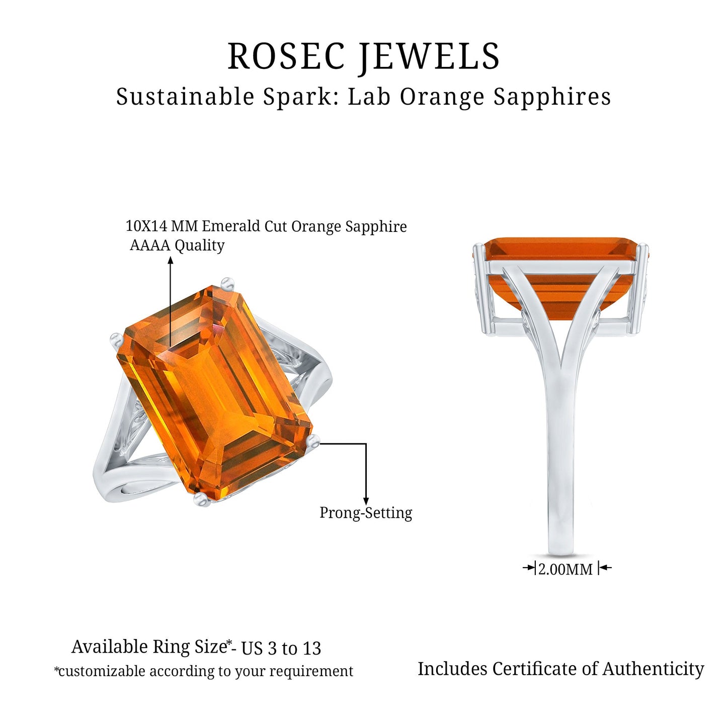 9 Carat Lab Grown Orange Sapphire Emerald Cut Engagement Ring with Split Shank