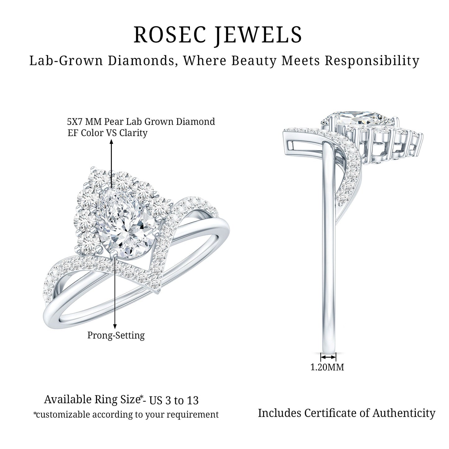 Pear Cut 0.6 Carat Lab Grown Diamond Designer Engagement Ring