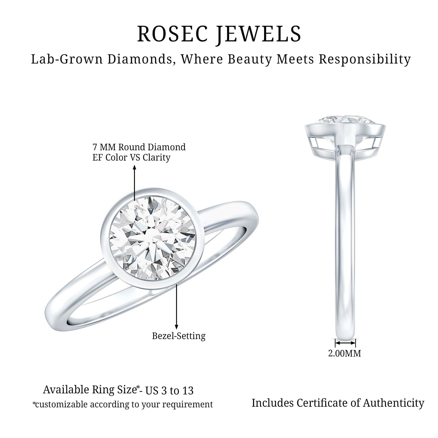 Brilliant Cut Bezel Set Lab Grown Diamond Simple Solitaire Ring