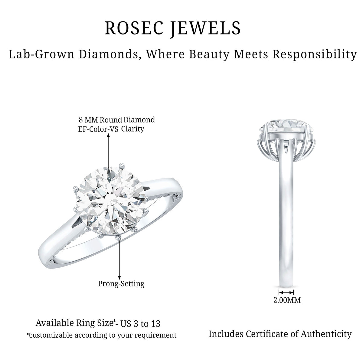 Lab Grown Diamond 2 Carat Round Engagement Ring With Certificate