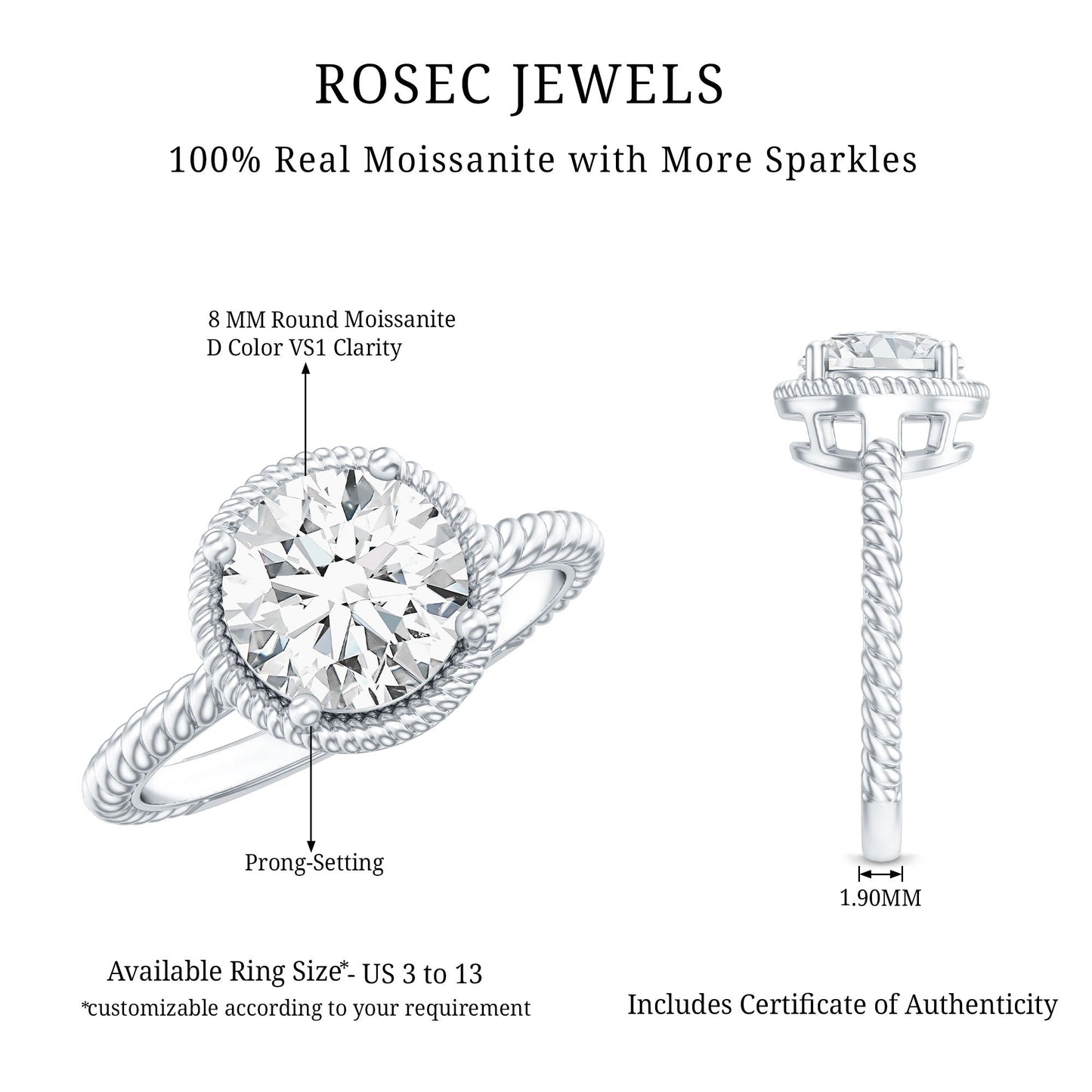 Brilliant Cut 2 Carat Moissanite Rope Band Engagement Ring