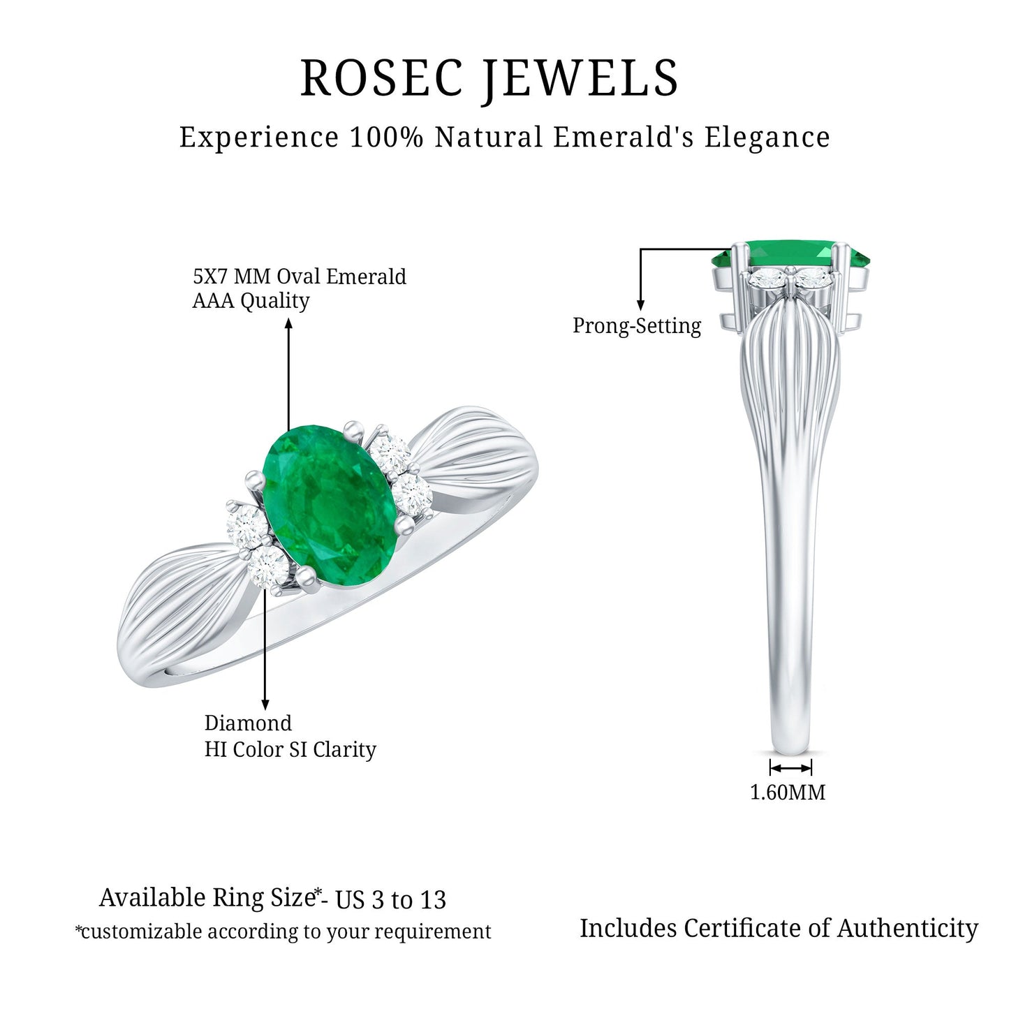 Natural 0.7 Carat Emerald Oval Engagement Ring with Diamond