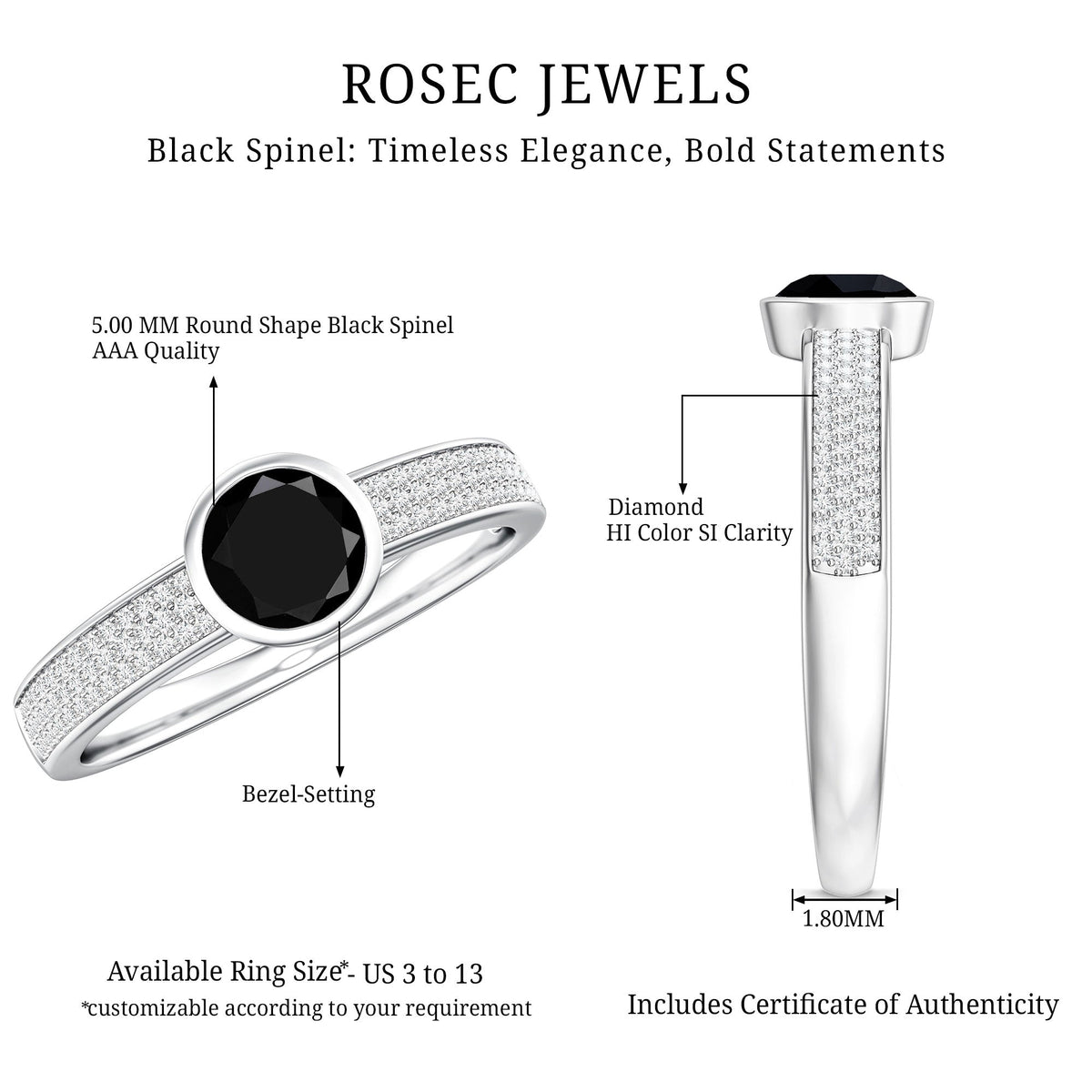 Natural Black Spinel Bezel Set Engagement Ring with Diamond Side Stones