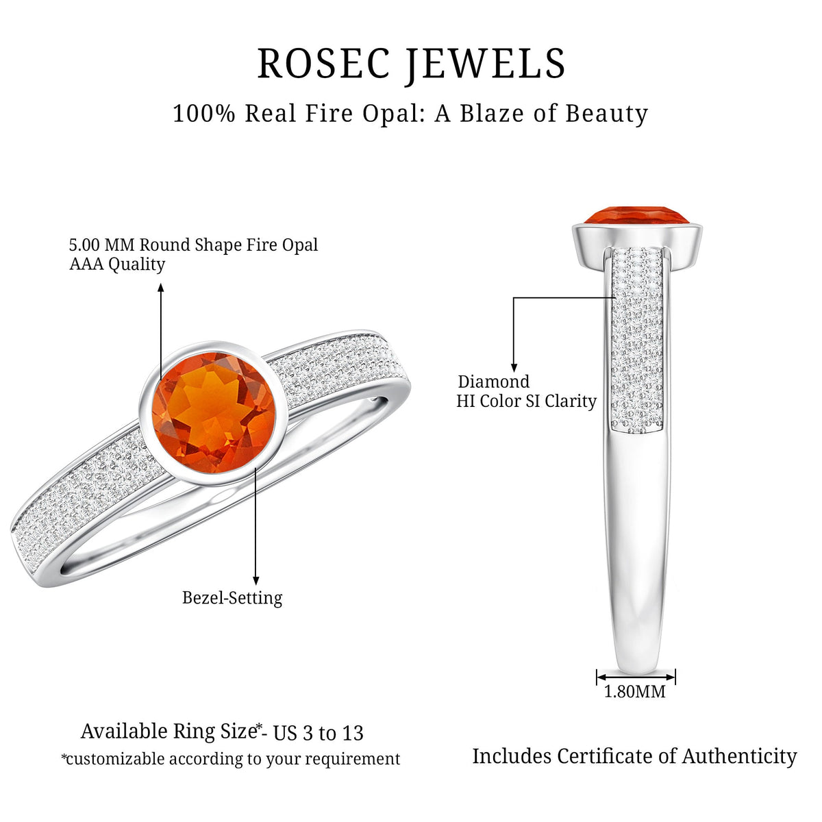 0.4 Carat Round Shape Fire Opal Engagement Ring with Diamond
