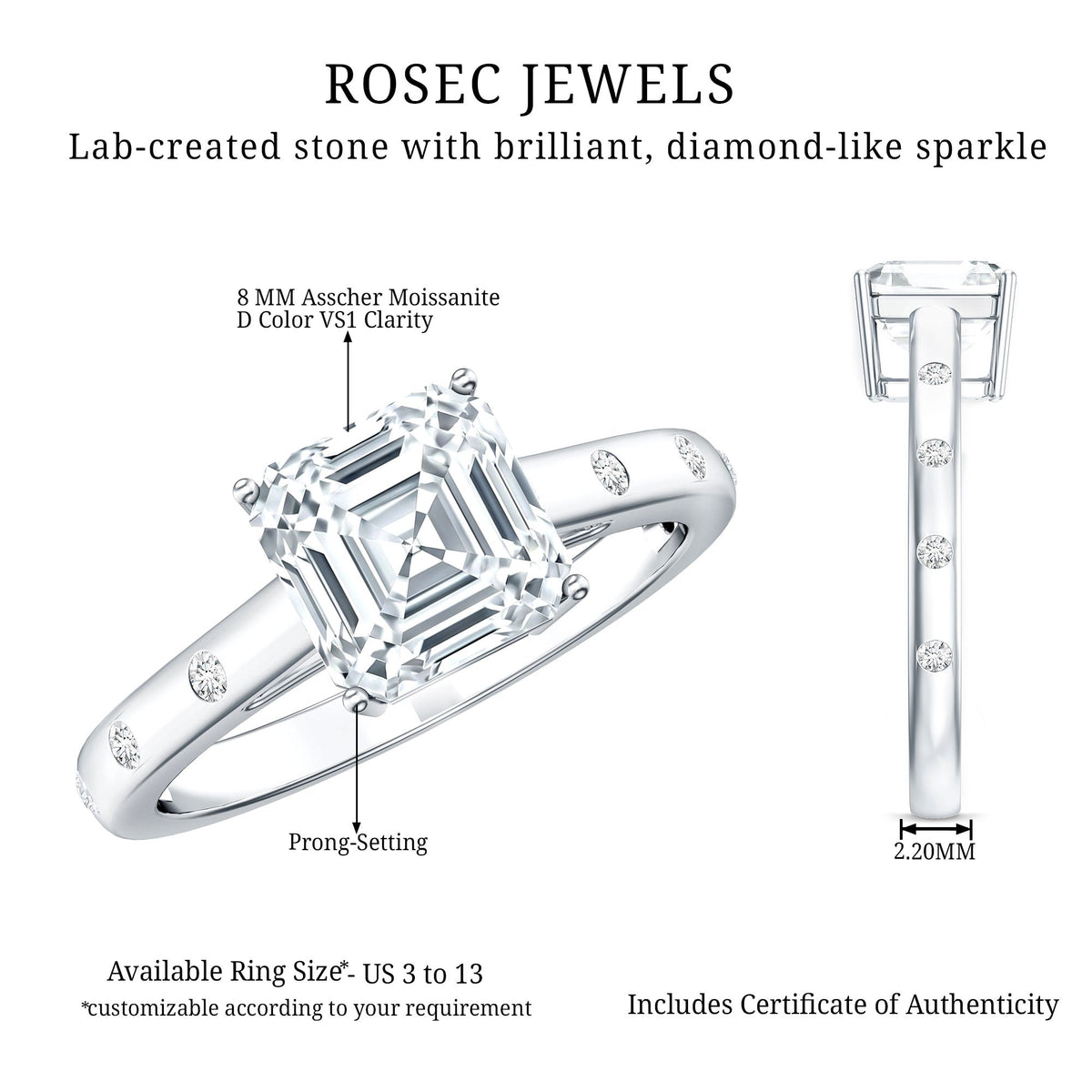 Asscher Cut Moissanite Solitaire Engagement Ring with Certificate