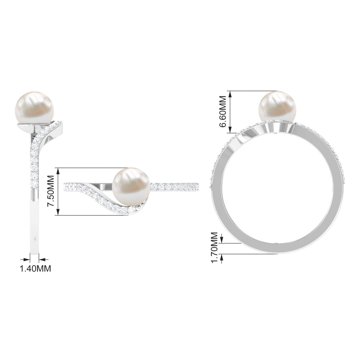 Cultured 2 Carat White Pearl Engagement Ring with Diamond Bypass Shank