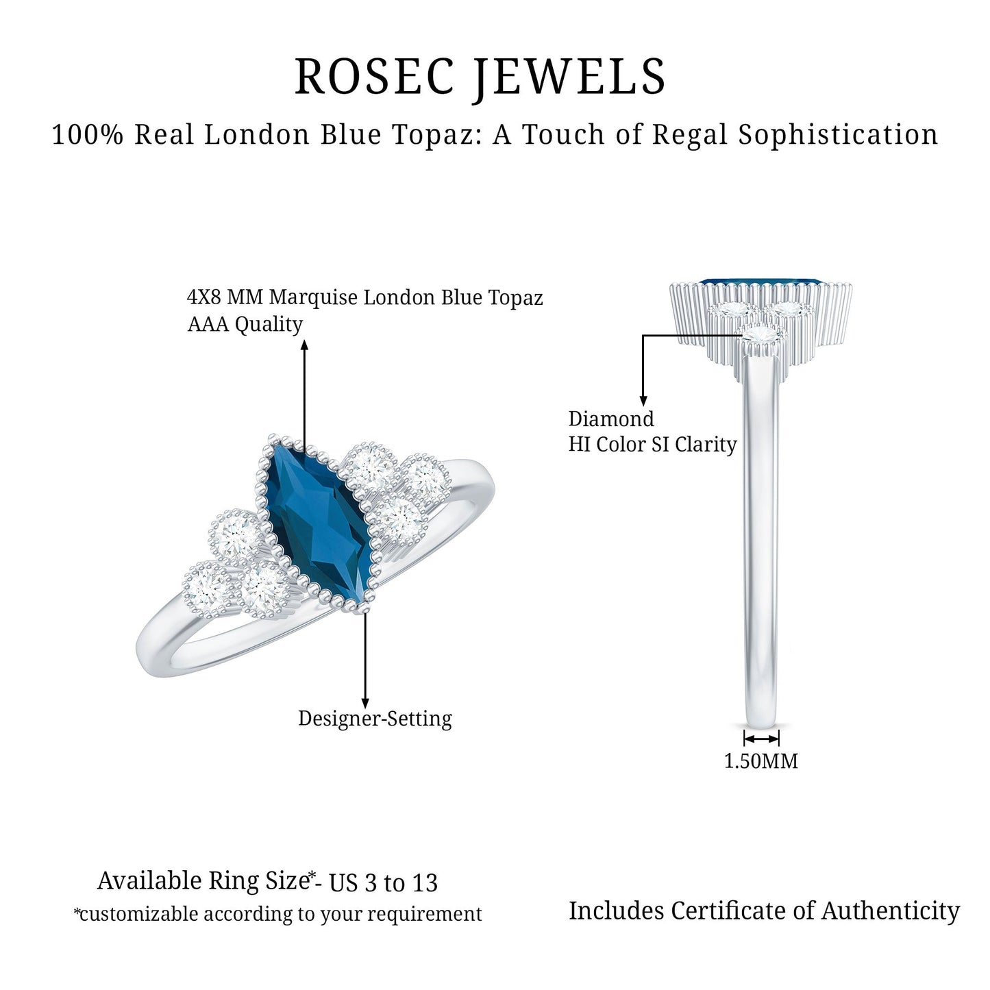 London Blue Topaz Marquise Engagement Ring with Diamond Trio