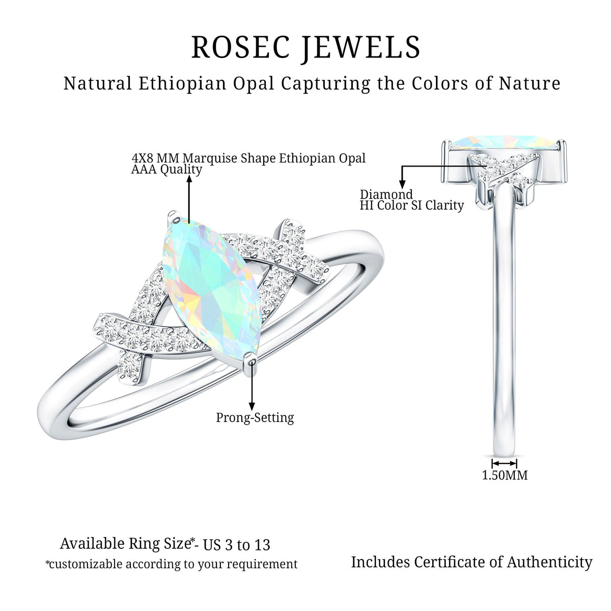 Natural Marquise Opal Diamond Engagement Ring with Certificate