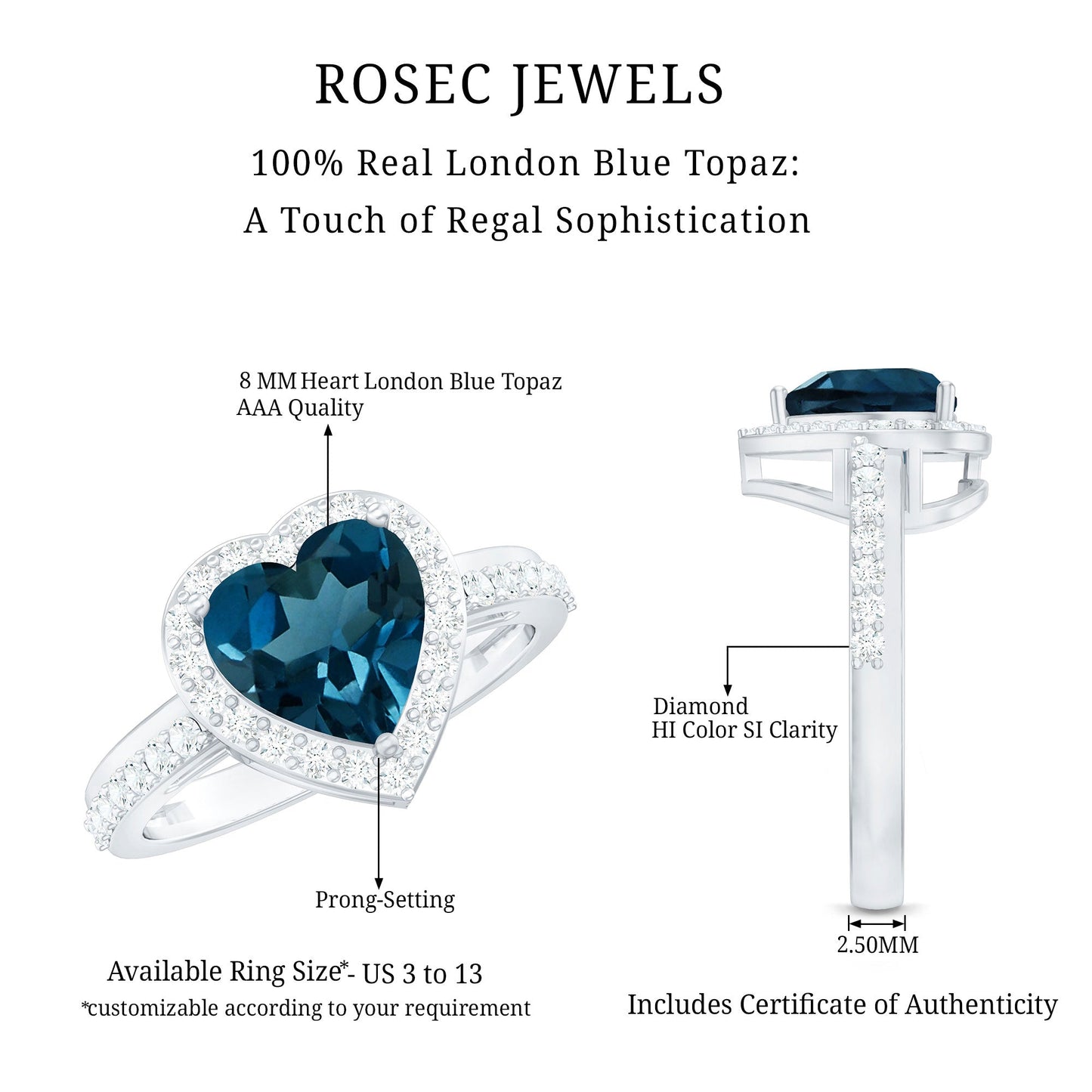 London Blue Topaz Heart Promise Ring with Diamond Halo