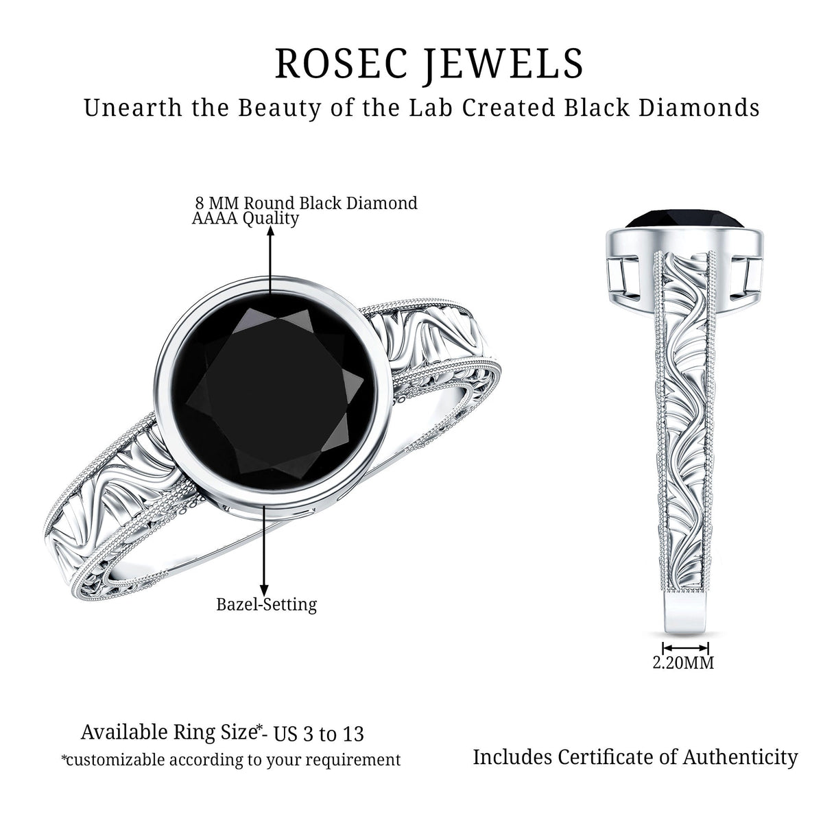 Vintage Style 2 Carat Lab Grown Black Diamond Bezel Set Engagement Ring