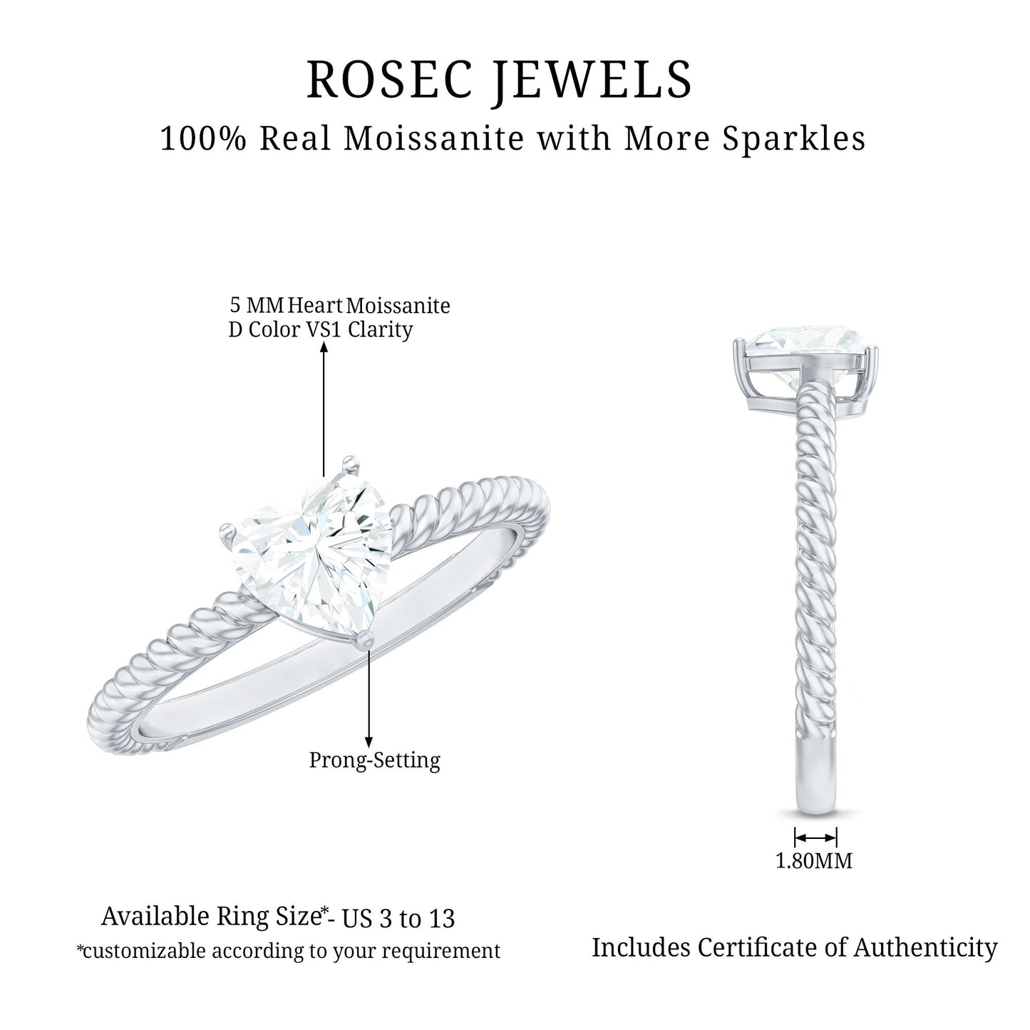 Moissanite Solitaire Promise Ring with Twisted Rope Band