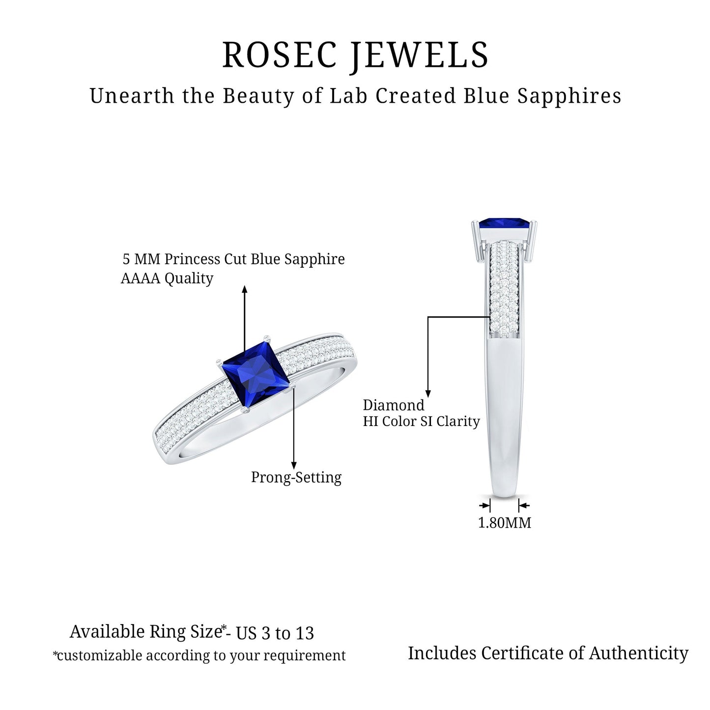0.7 Carat Princess Cut Lab Created Blue Sapphire Engagement Ring with Diamond