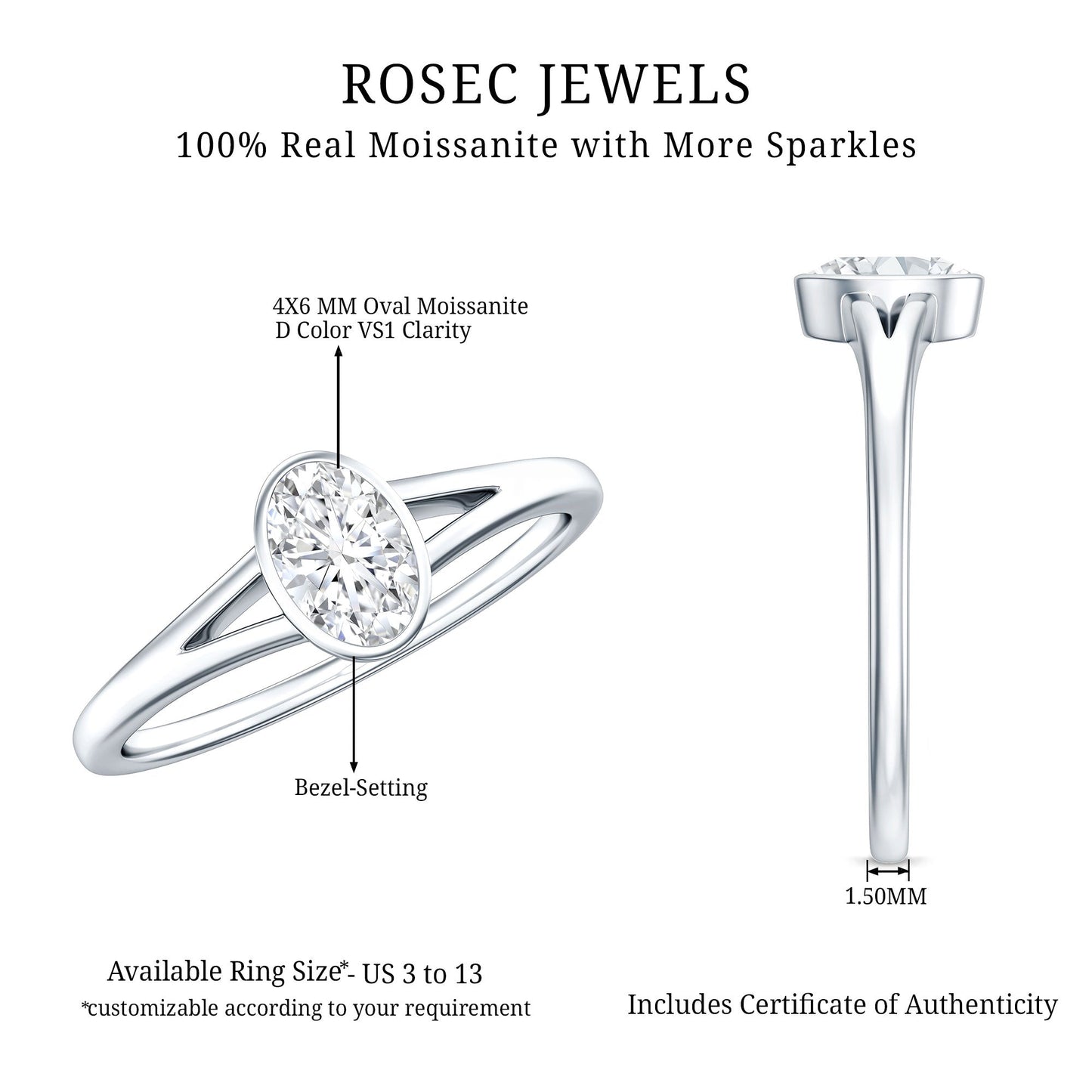 Bezel Set Oval Cut Moissanite Promise Ring in Split Shank