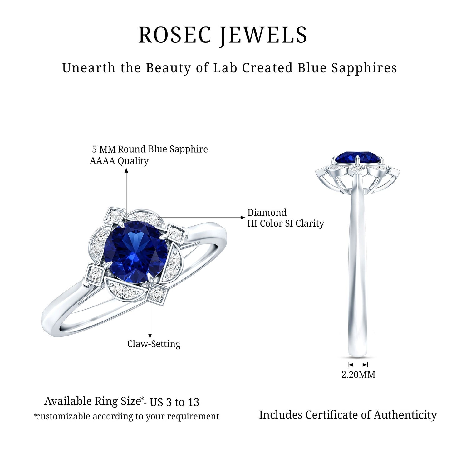 Vintage Style 0.6 Carat Lab Grown Blue Sapphire Engagement Ring with Diamond