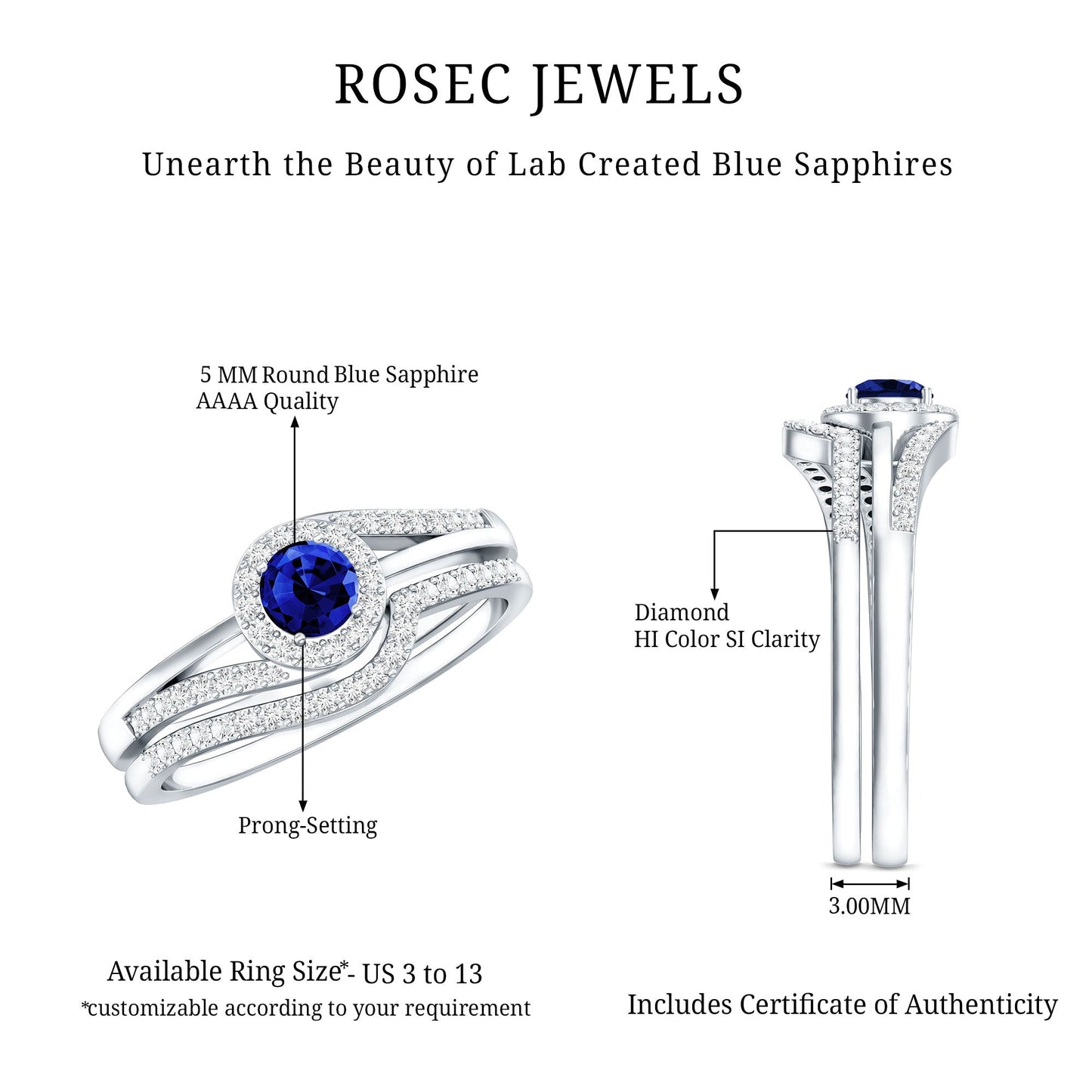 Certified Lab Grown Blue Sapphire Wedding Engagement Ring Set with Diamond