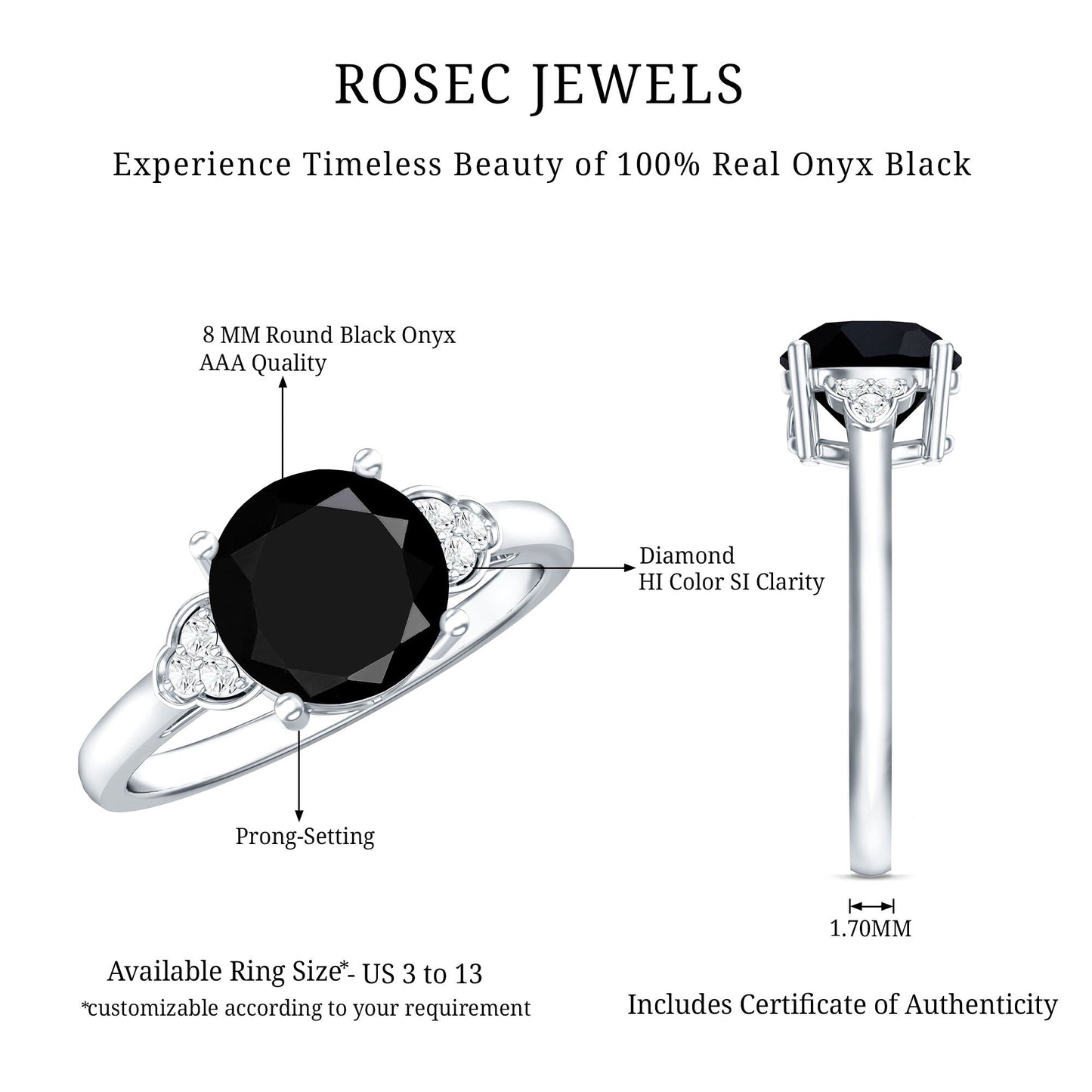 Real Black Onyx Solitaire Engagement Ring with Diamond Trio