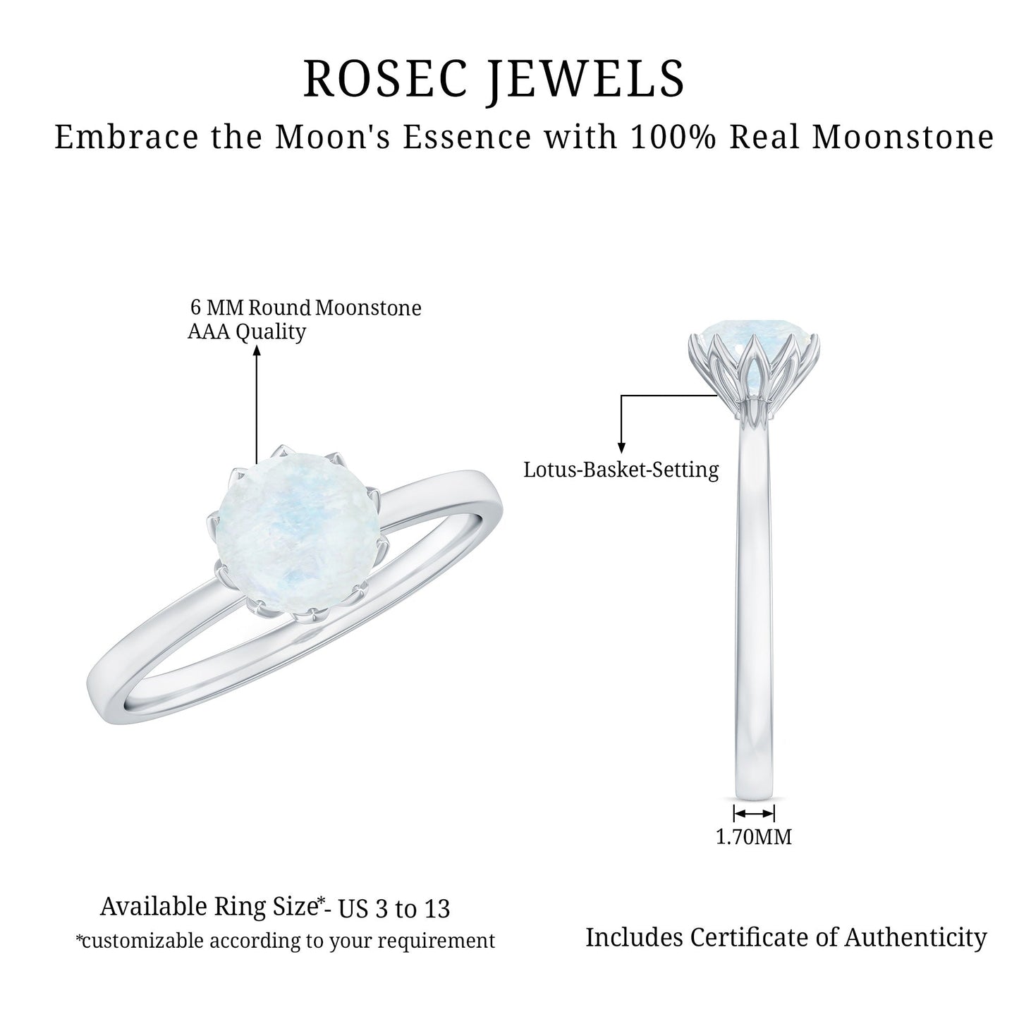 Natural Moonstone Solitaire Ring in Lotus Basket Setting