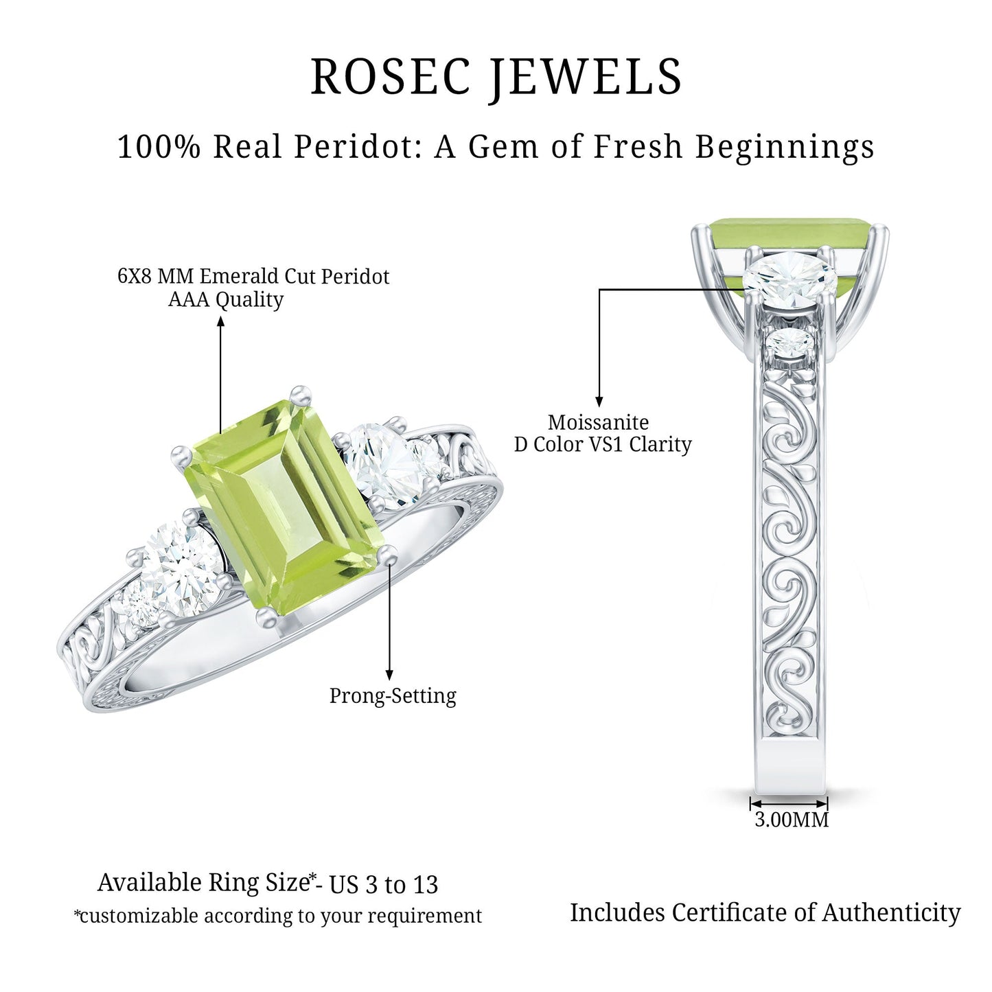 Vintage Style 1.8 Carat Peridot Emerald Cut Engagement Ring with Moissanite