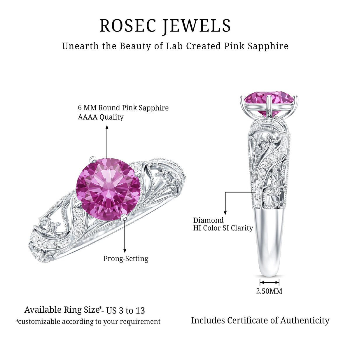 Lab Grown Pink Sapphire Antique Engagement Ring With Diamond