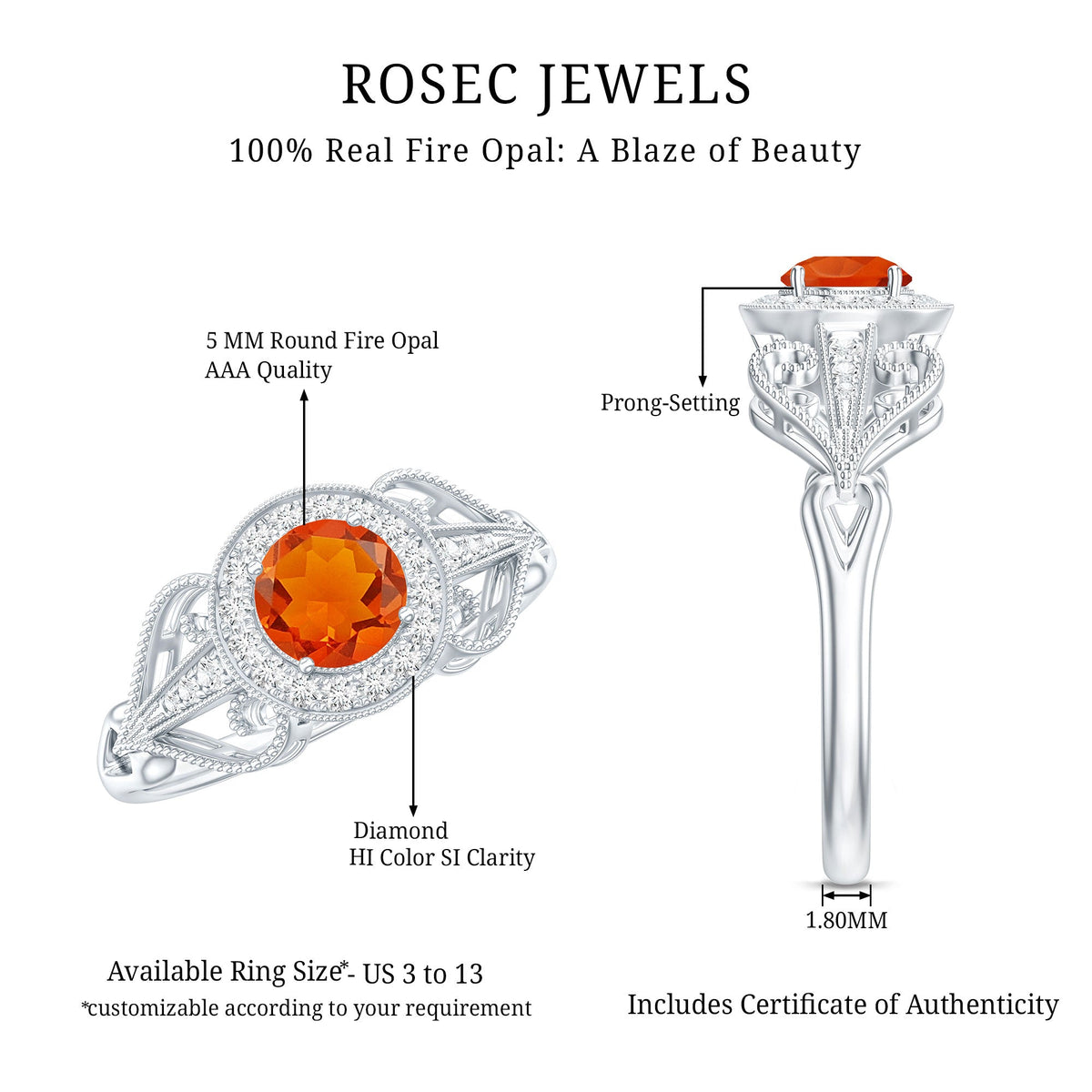 Real 0.45 Carat Fire Opal and Diamond Vintage Inspired Engagement Ring