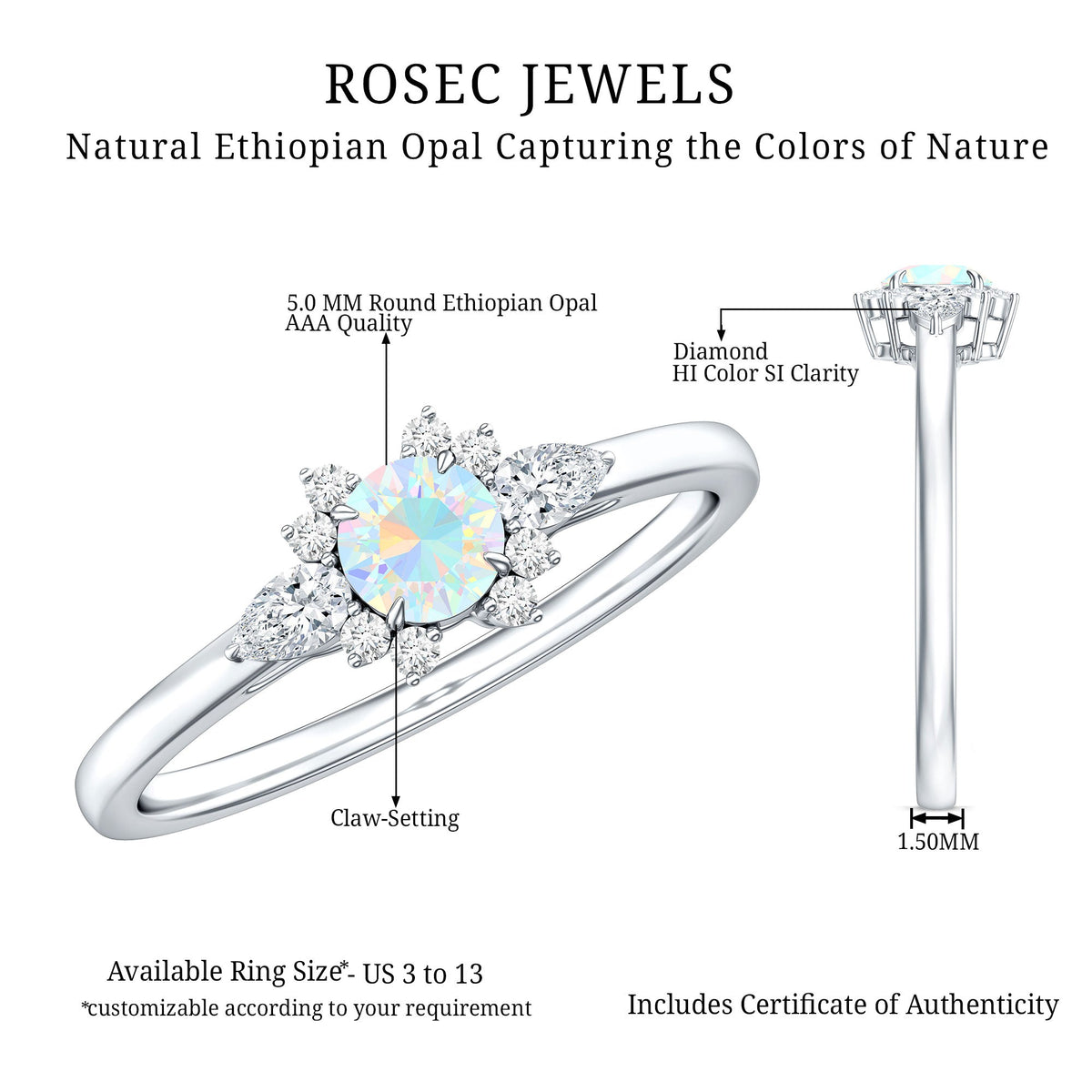 Real Ethiopian Rainbow Opal Diamond Promise Ring with Certificate