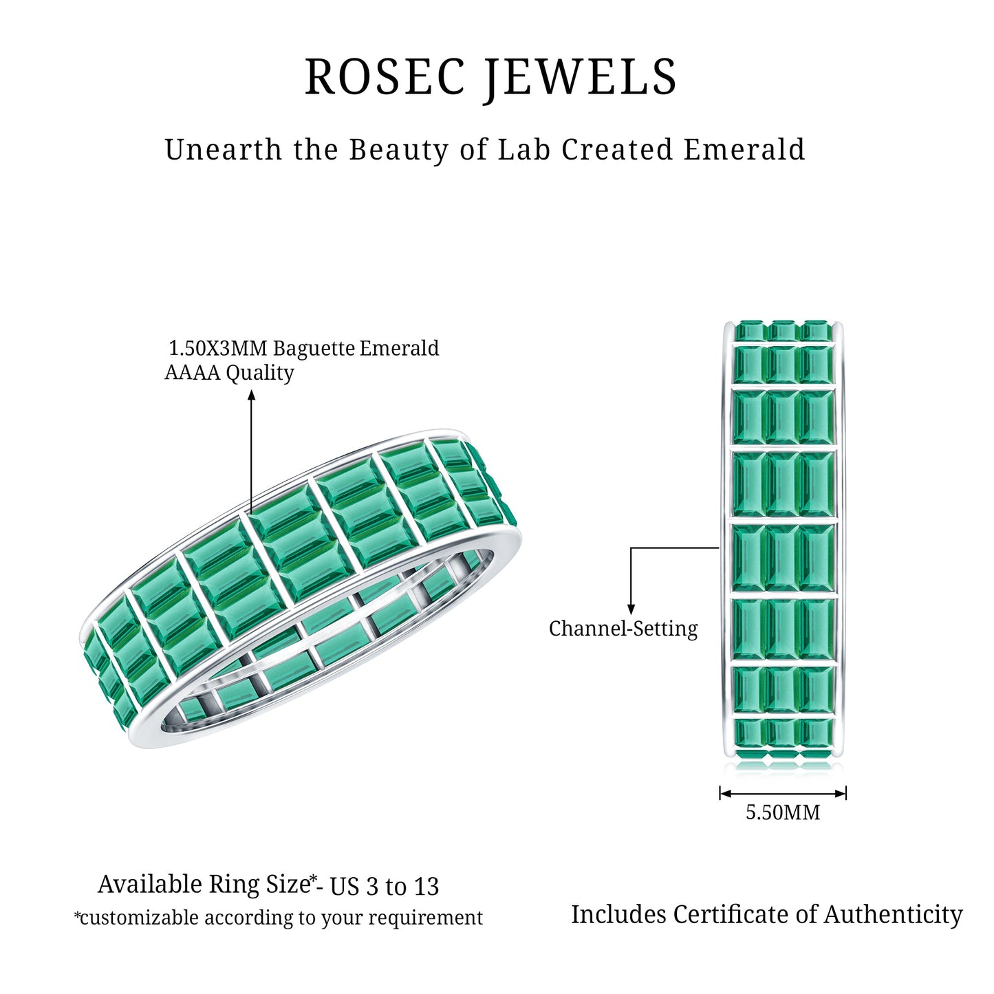 Baguette Cut Lab Grown Emerald 3 Row Eternity Band