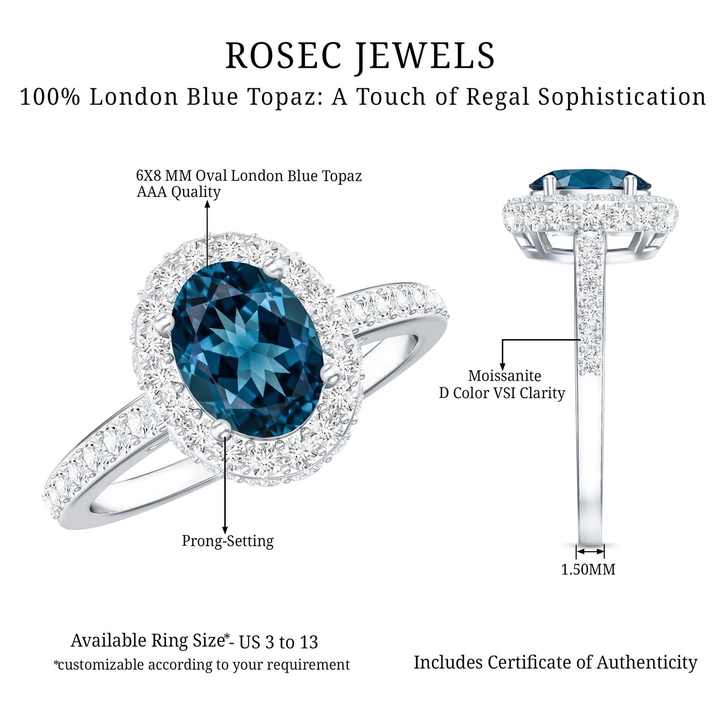 Genuine London Blue Topaz Classic Engagement Ring with Moissanite Halo