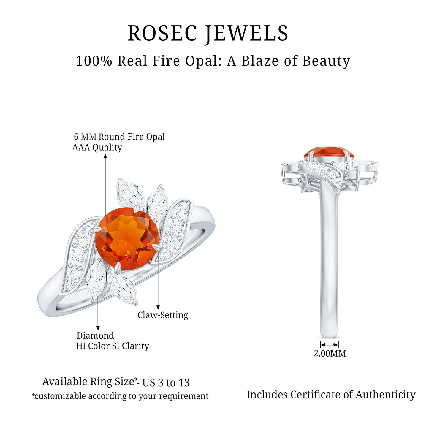 0.7 Carat Fire Opal Flower Engagement Ring with Diamond