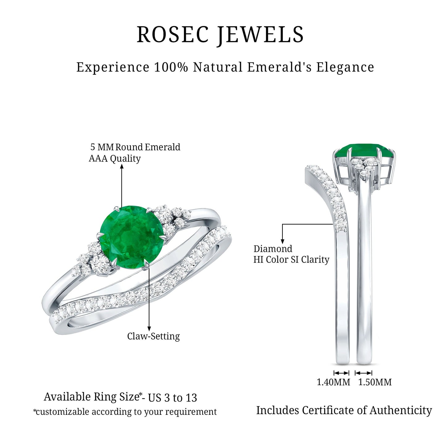 0.4 Carat Natural Emerald Diamond Wedding Bridal Ring Set of 2