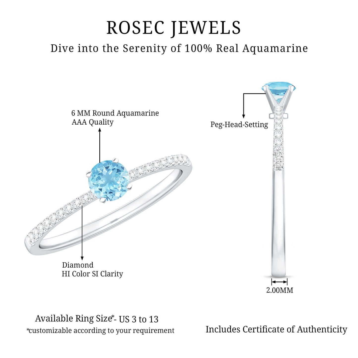 Natural Aquamarine Promise Ring with Diamond Side Stones