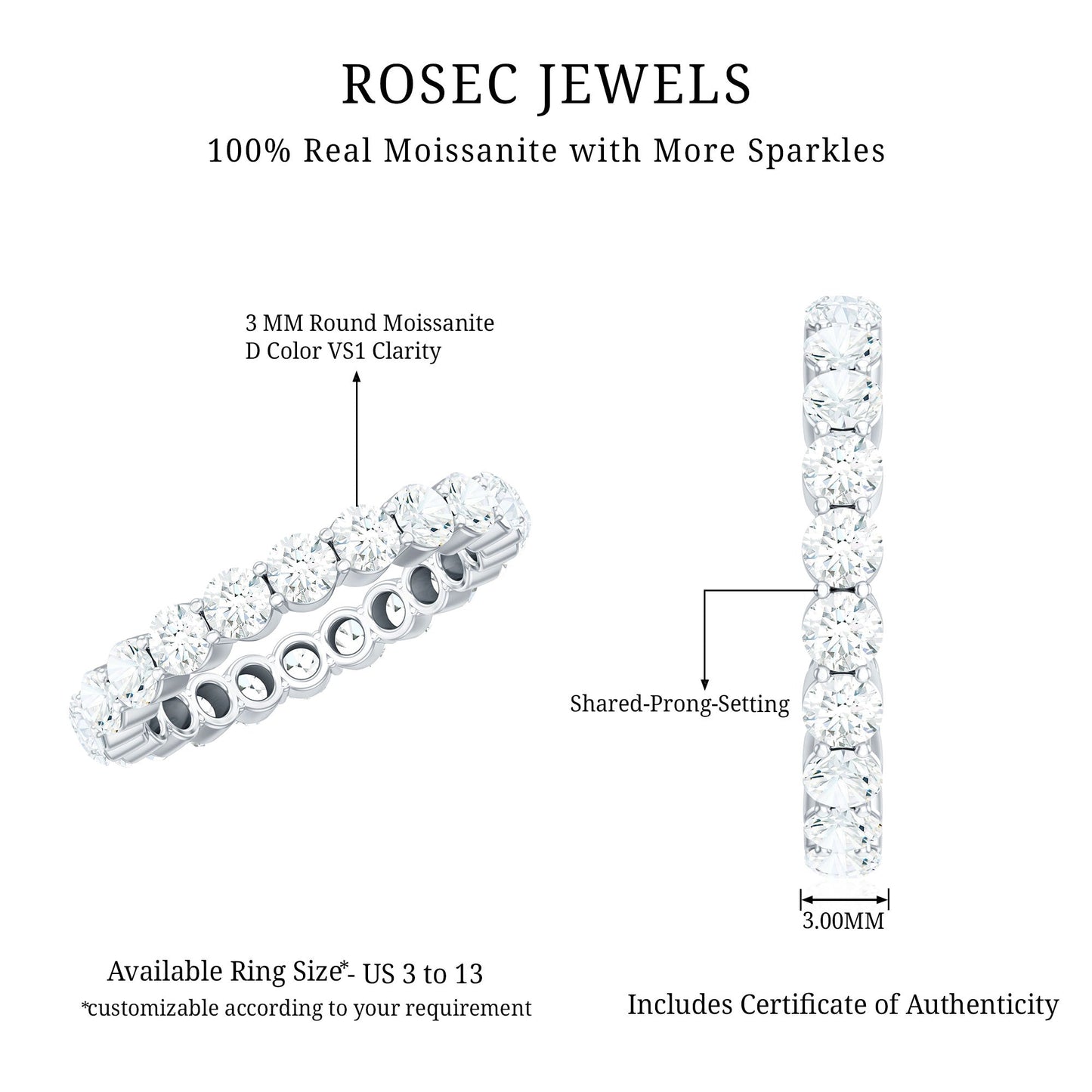Certified Round Moissanite Eternity Wedding Band Ring