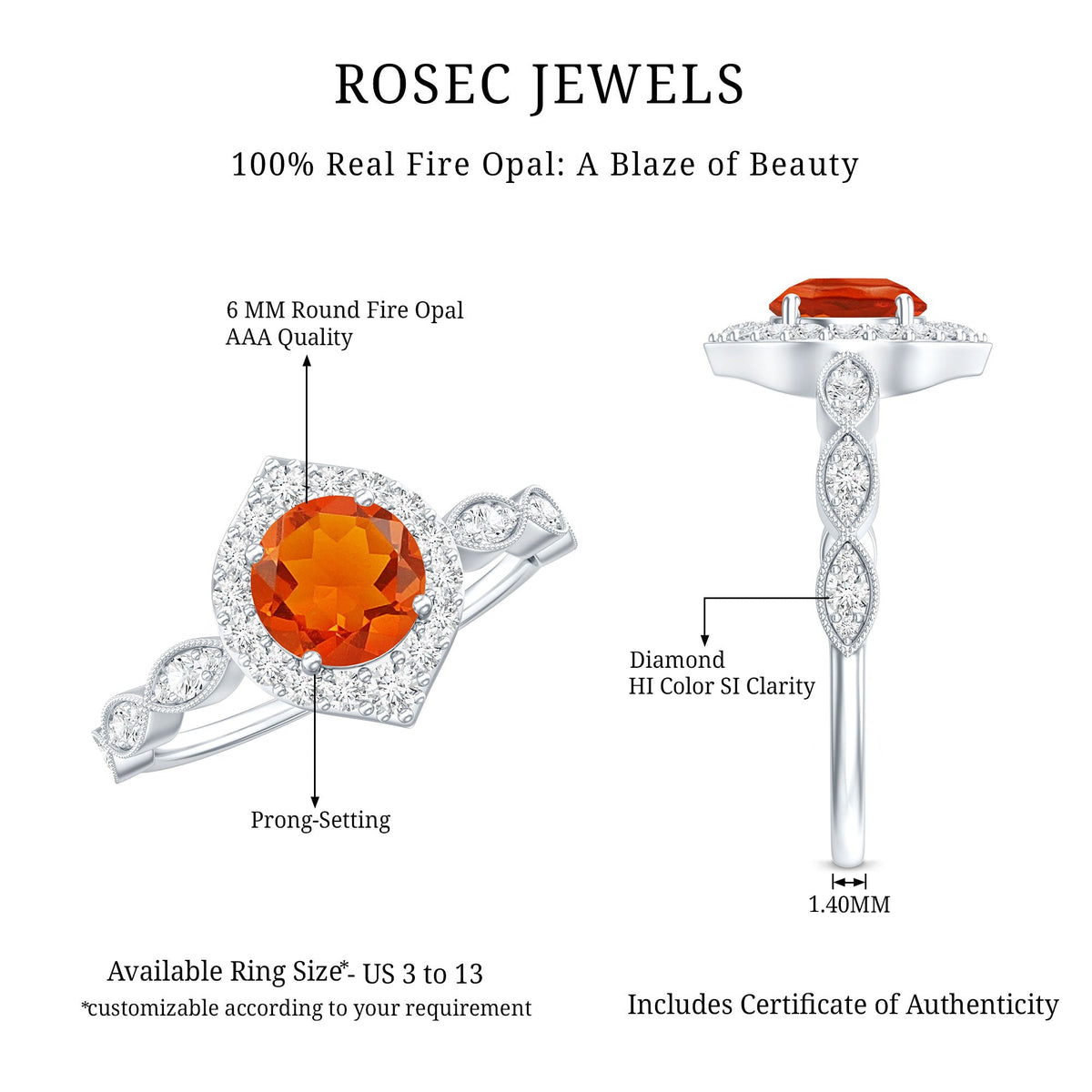 Vintage Style Fire Opal Engagement Ring with Diamond Accent