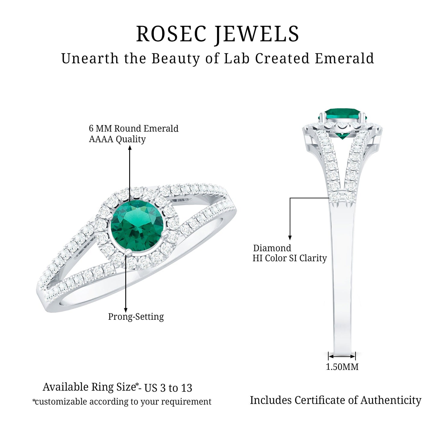 Lab Grown Emerald Diamond Halo Engagement Ring with Certificate